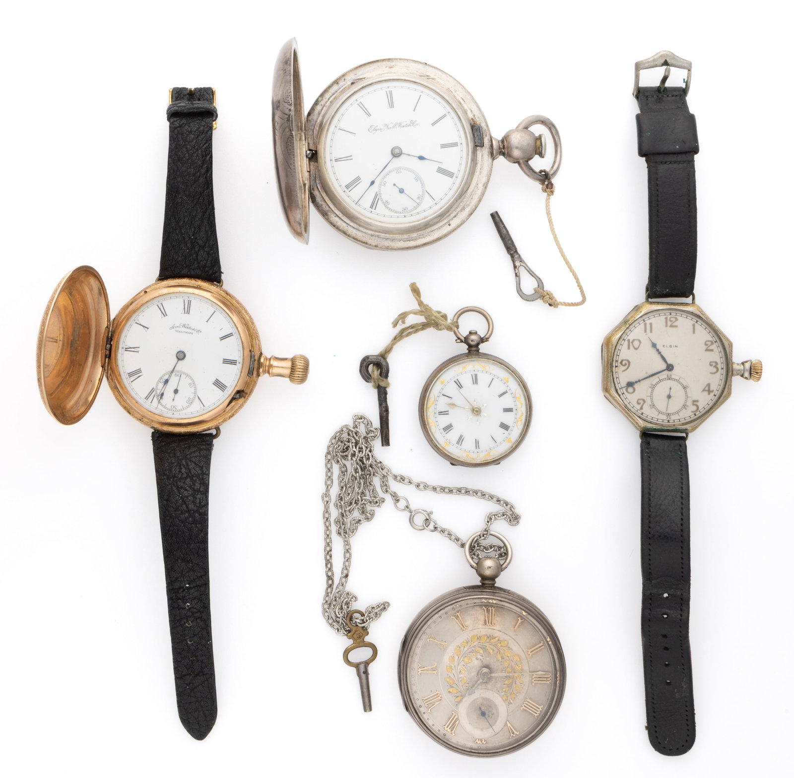 ASSORTED SILVER-CASED AND OTHER POCKET WATCHES, LOT OF FIVE: ASSORTED SILVER-CASED AND OTHER POCKET WATCHES, LOT OF FIVE, comprising an Elgin 7-jewel model 1 key-wind pocket watch, grade 97, serial number 5431737, having a white enamel dial with Roman chapter r