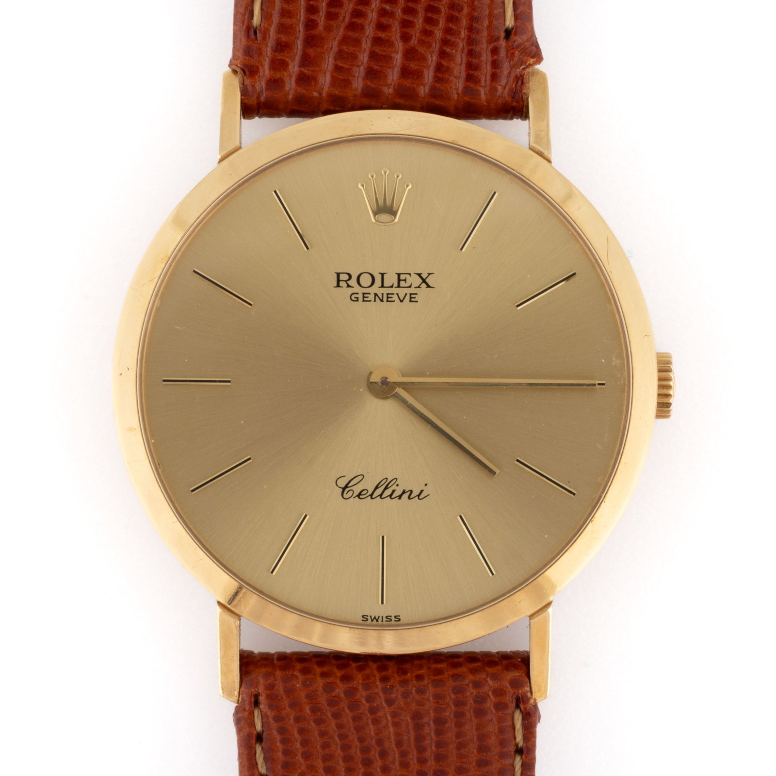 VINTAGE ROLEX CELLINI 4112 18K YELLOW GOLD-CASED UNISEX WRIST WATCH: VINTAGE ROLEX CELLINI 4112 18K YELLOW GOLD-CASED UNISEX WRIST WATCH, (updated 10/6/2025) 20-jewel movement, having gold-toned dial with tally mark chapter ring featuring the Rolex five-point crown at