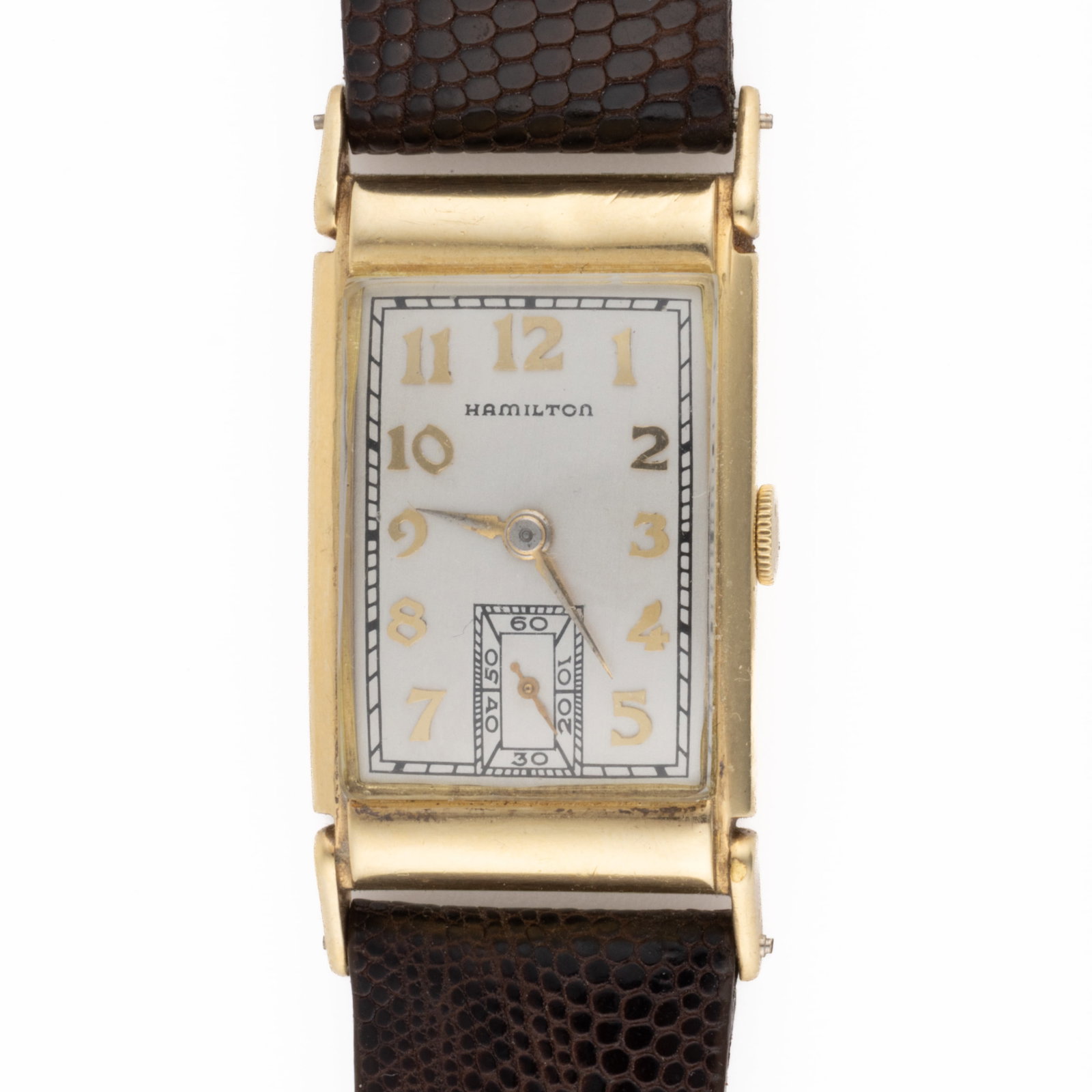 VINTAGE HAMILTON 14K YELLOW GOLD-CASED MEN'S WRIST WATCH: VINTAGE HAMILTON 14K YELLOW GOLD-CASED MEN'S WRIST WATCH, 19-jewel movement, silver dial with gold Arabic numerals, with sub-dial at 6 position, housed in a rectangular 14K yellow gold case with b