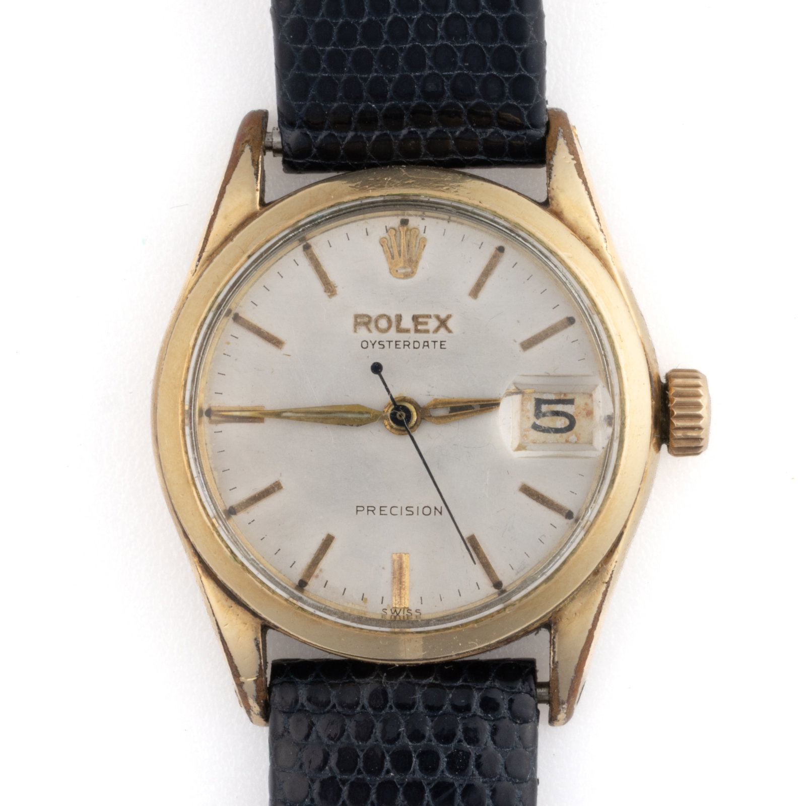 VINTAGE ROLEX OYSTERDATE PRECISION 6694 UNISEX WRIST WATCH: VINTAGE ROLEX OYSTERDATE PRECISION 6694 UNISEX WRIST WATCH, 17-jewel movement, manual-winding, having a champagne-colored dial with gilt bar indices, blued-steel second hand, and cyclops magnifier ove