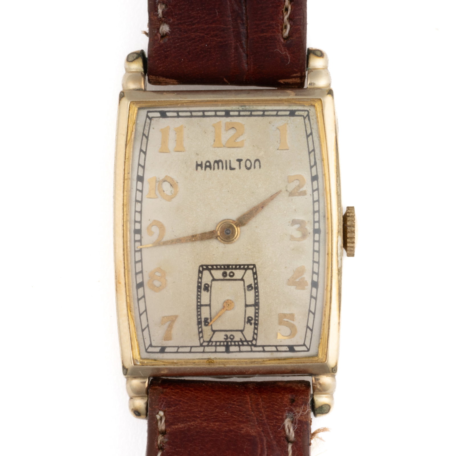 VINTAGE HAMILTON MYRON 10K YELLOW GOLD FILLED-CASED WRIST WATCH: VINTAGE HAMILTON MYRON 10K YELLOW GOLD FILLED-CASED WRIST WATCH, 17-jewel, 980 movement, serial number G583469, sterling silver dial with gold finish, 18k yellow gold numerals, sub-dial in 6 position,