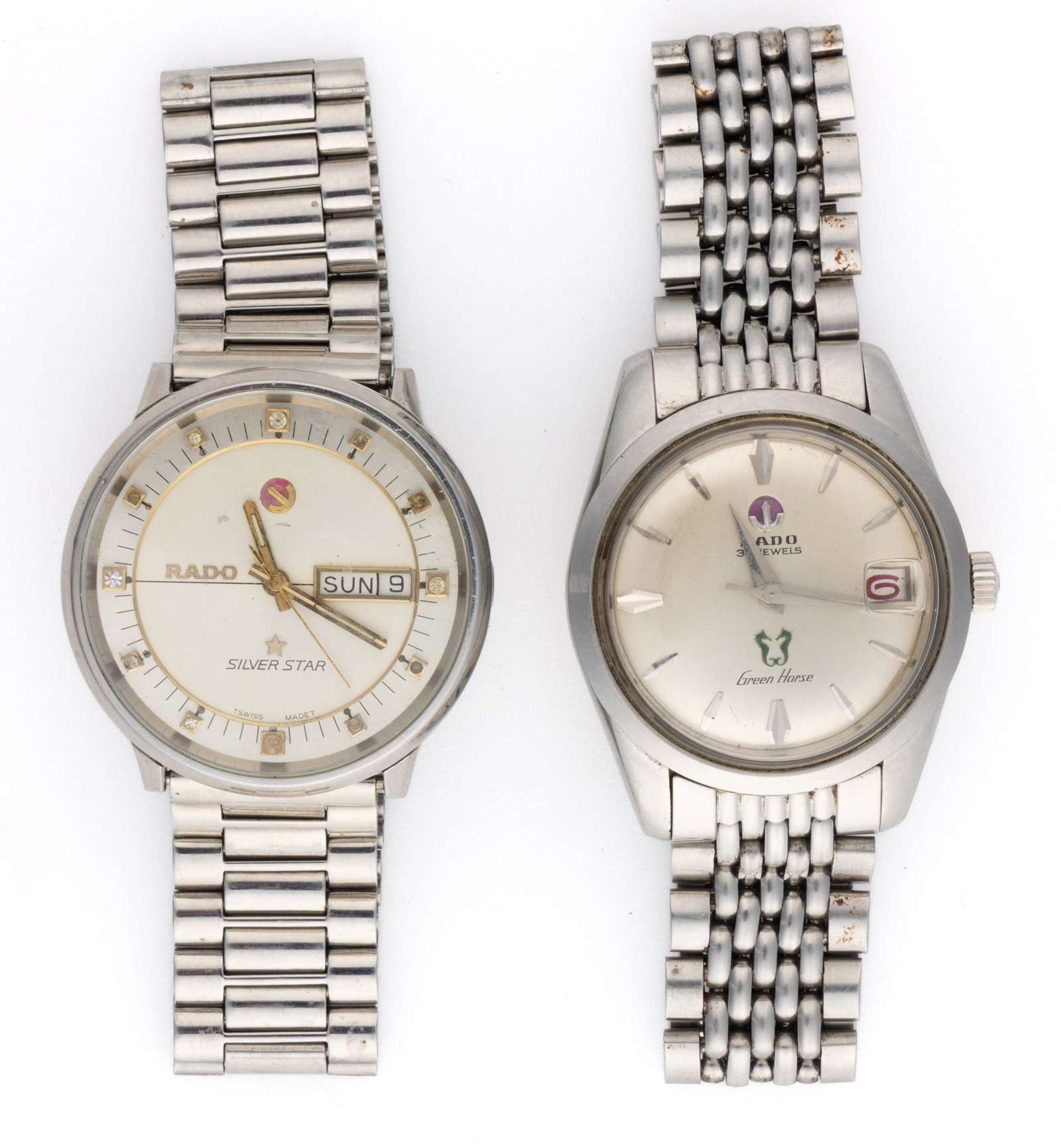 VINTAGE RADO GREEN HORSE AND SILVER STAR MEN'S WRIST WATCHES, LOT OF TWO: VINTAGE RADO GREEN HORSE AND SILVER STAR MEN'S WRIST WATCHES, LOT OF TWO, comprising one Green Horse with 30-jewel movement, champagne-colored dial with bar indices and date aperture with cyc