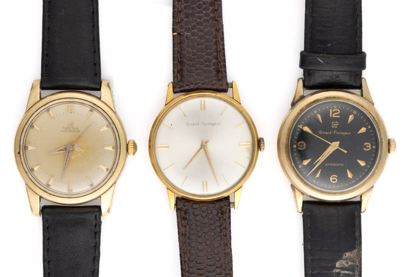 VINTAGE GIRARD PERREGAUX AND OMEGA MEN'S WRIST WATCHES, LOT OF THREE (1 of 4)