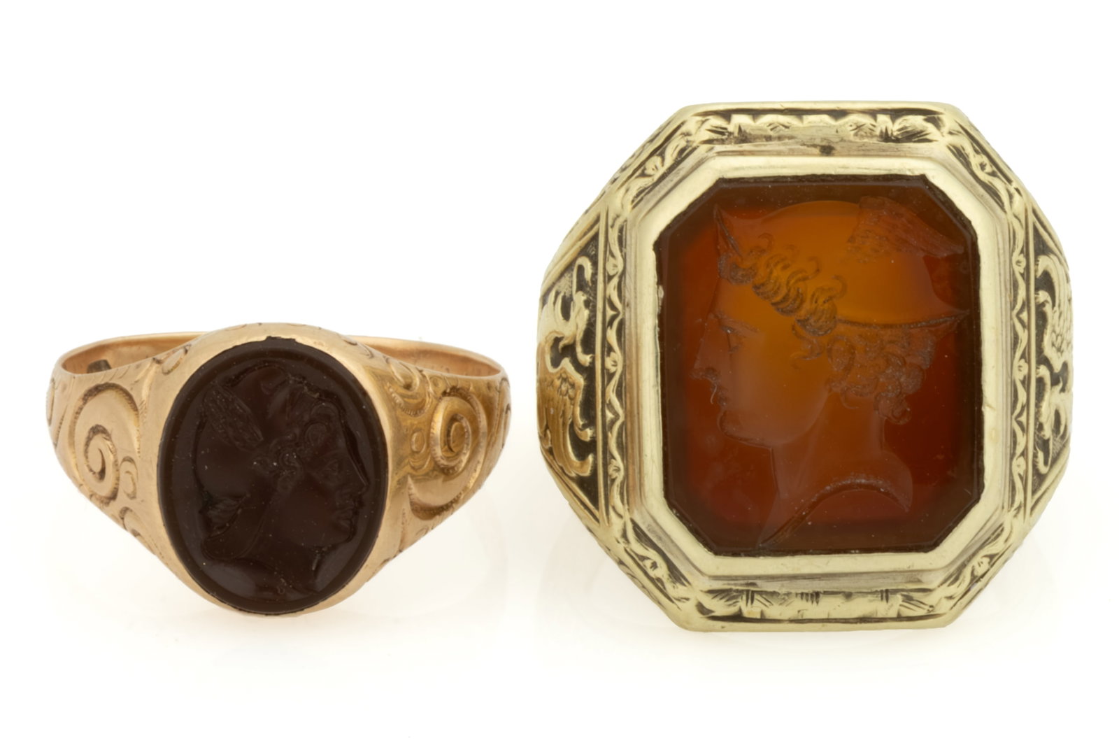 ANTIQUE / VINTAGE 10K AND 18K GOLD AND CARVED STONE INTAGLIO / CAMEO MEN'S RINGS, LOT OF TWO (1 of 3)