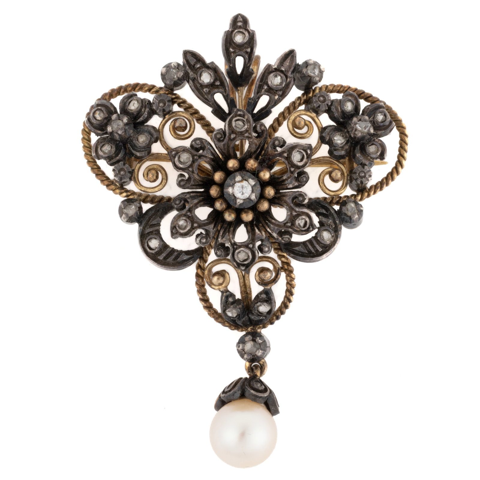 VICTORIAN / ANTIQUE 18K GOLD, SILVER, DIAMOND, AND PEARL BROOCH (1 of 2)