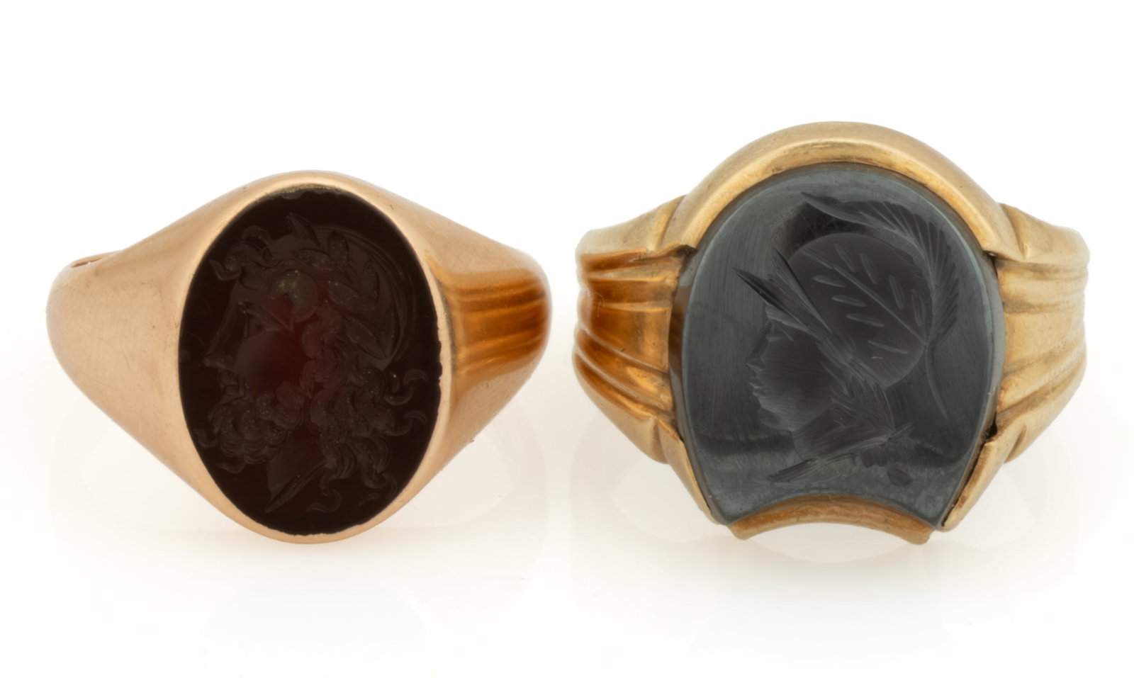 ANTIQUE / VINTAGE 10K AND 14K YELLOW GOLD AND CARVED STONE INTAGLIO MEN'S RINGS, LOT OF TWO (1 of 3)