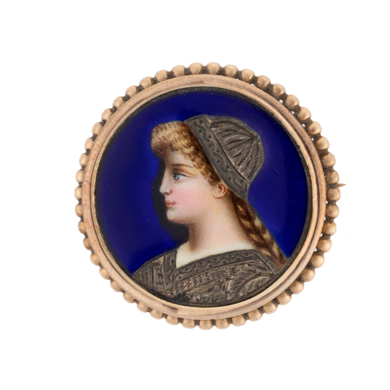 VICTORIAN / ANTIQUE 10K YELLOW GOLD PORTRAIT BROOCH: VICTORIAN / ANTIQUE 10K YELLOW GOLD PORTRAIT BROOCH, round form with 10K gold frame having beaded edges, center depicting an enameled portrait of a women with braided hair, wearing a cap and bodice wi