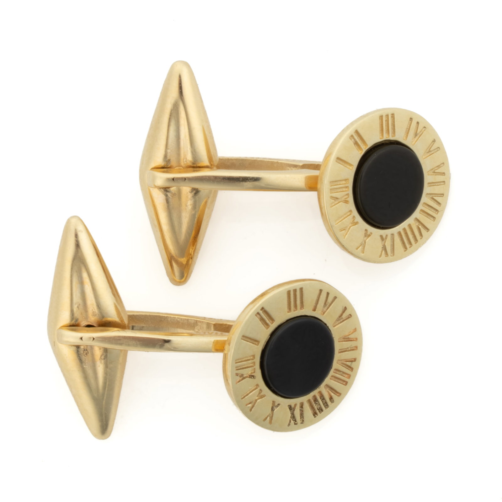 VINTAGE / CONTEMPORARY ITALIAN 14K YELLOW GOLD CLOCK DIAL CUFFLINKS, PAIR: VINTAGE / CONTEMPORARY ITALIAN 14K YELLOW GOLD CLOCK DIAL CUFFLINKS, PAIR, each with a round face resembling a clock dial featuring a Roman numeral chapter ring and set with a black cabochon center, h