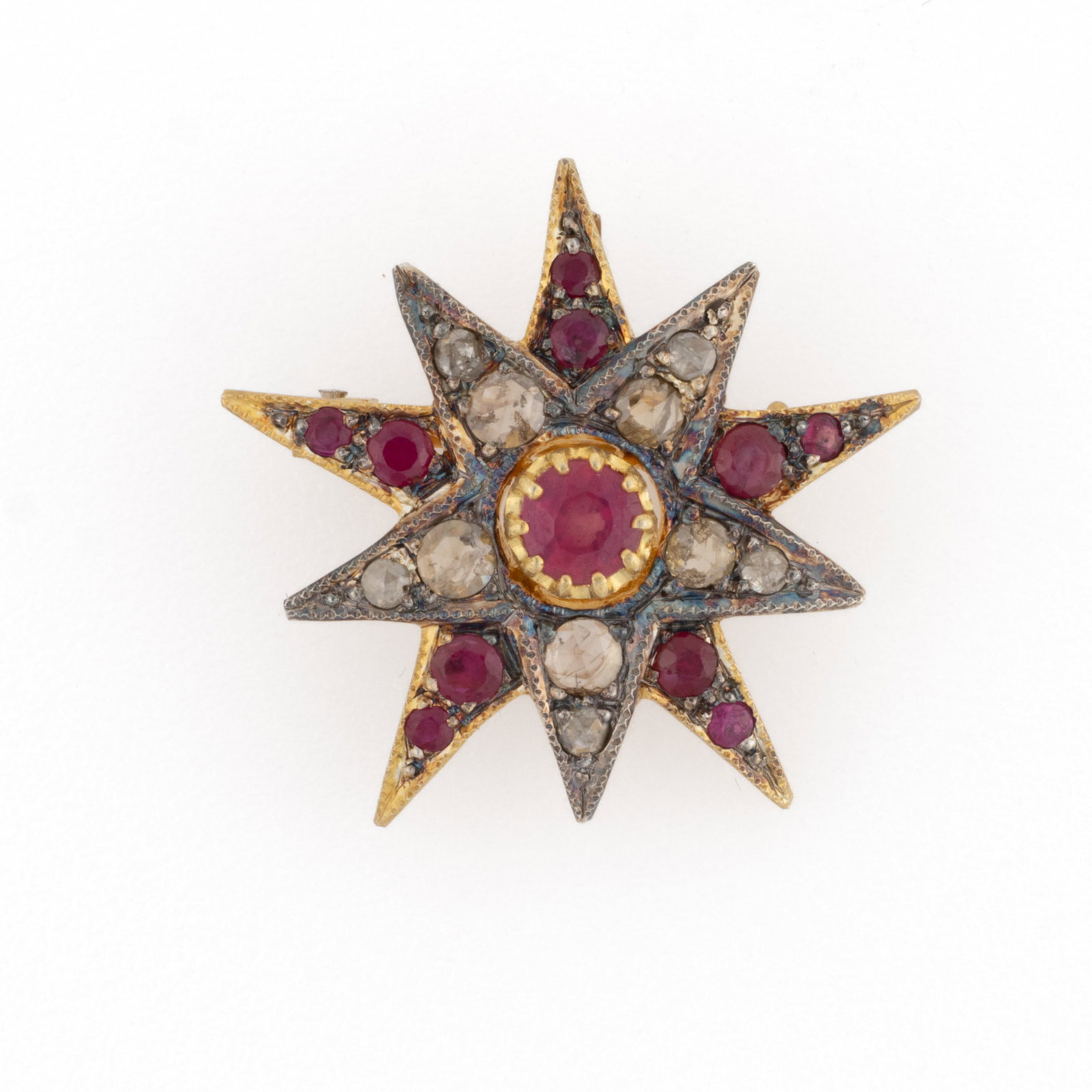 CONTEMPORARY 14K YELLOW GOLD-ACCENTED, STERLING SILVER, DIAMOND, AND RUBY STAR BROOCH / PENDANT (1 of 2)