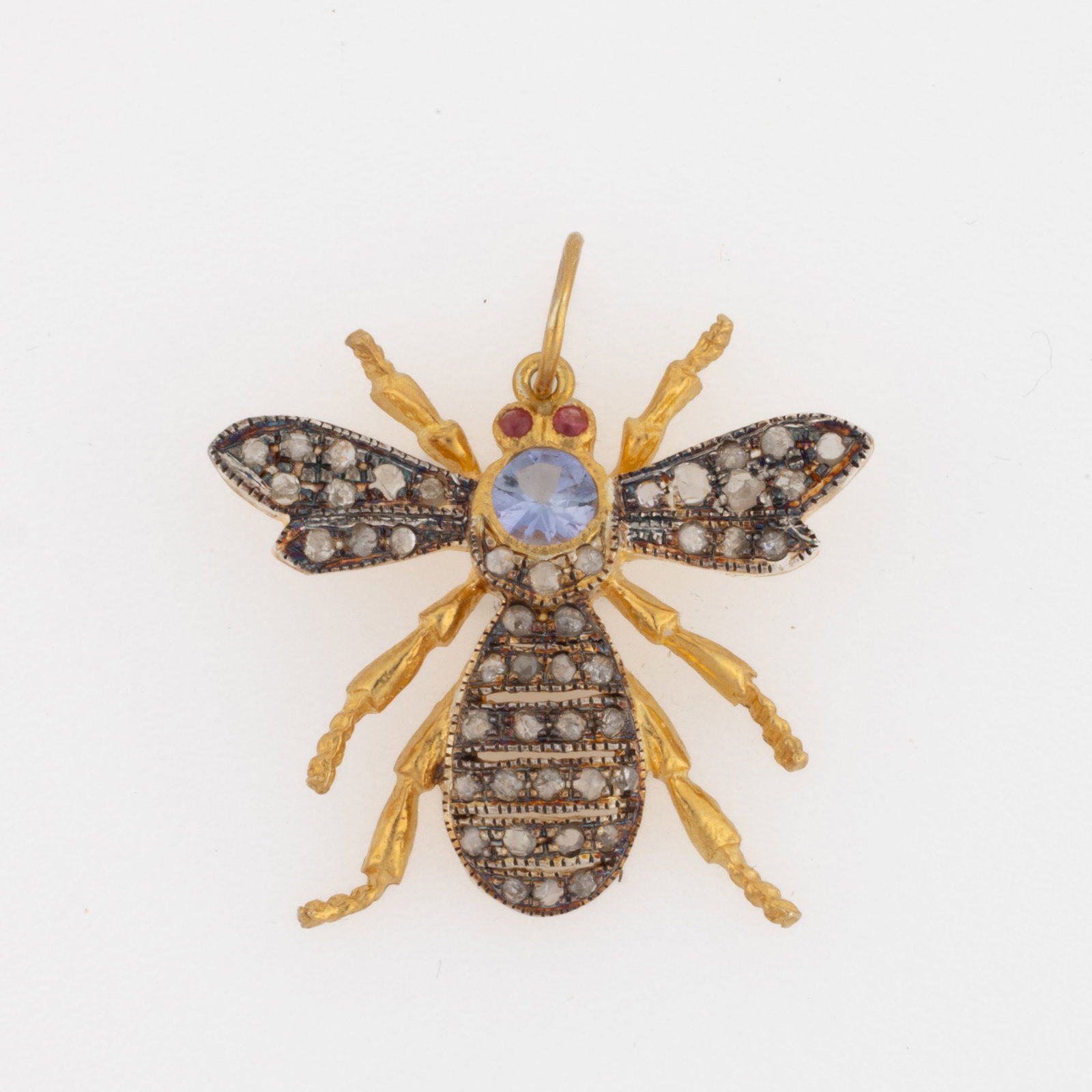CONTEMPORARY 14K YELLOW GOLD-ACCENTED, STERLING SILVER, DIAMOND, AND GEMSTONE BEE FIGURAL PENDANT (1 of 2)
