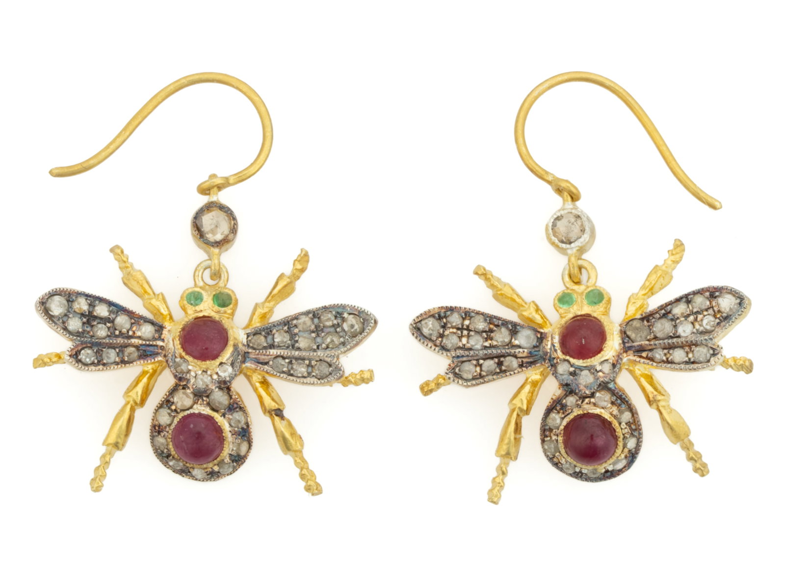 CONTEMPORARY STERLING SILVER, DIAMOND, AND GEMSTONE BEE FIGURAL DROP EARRINGS, PAIR (1 of 1)
