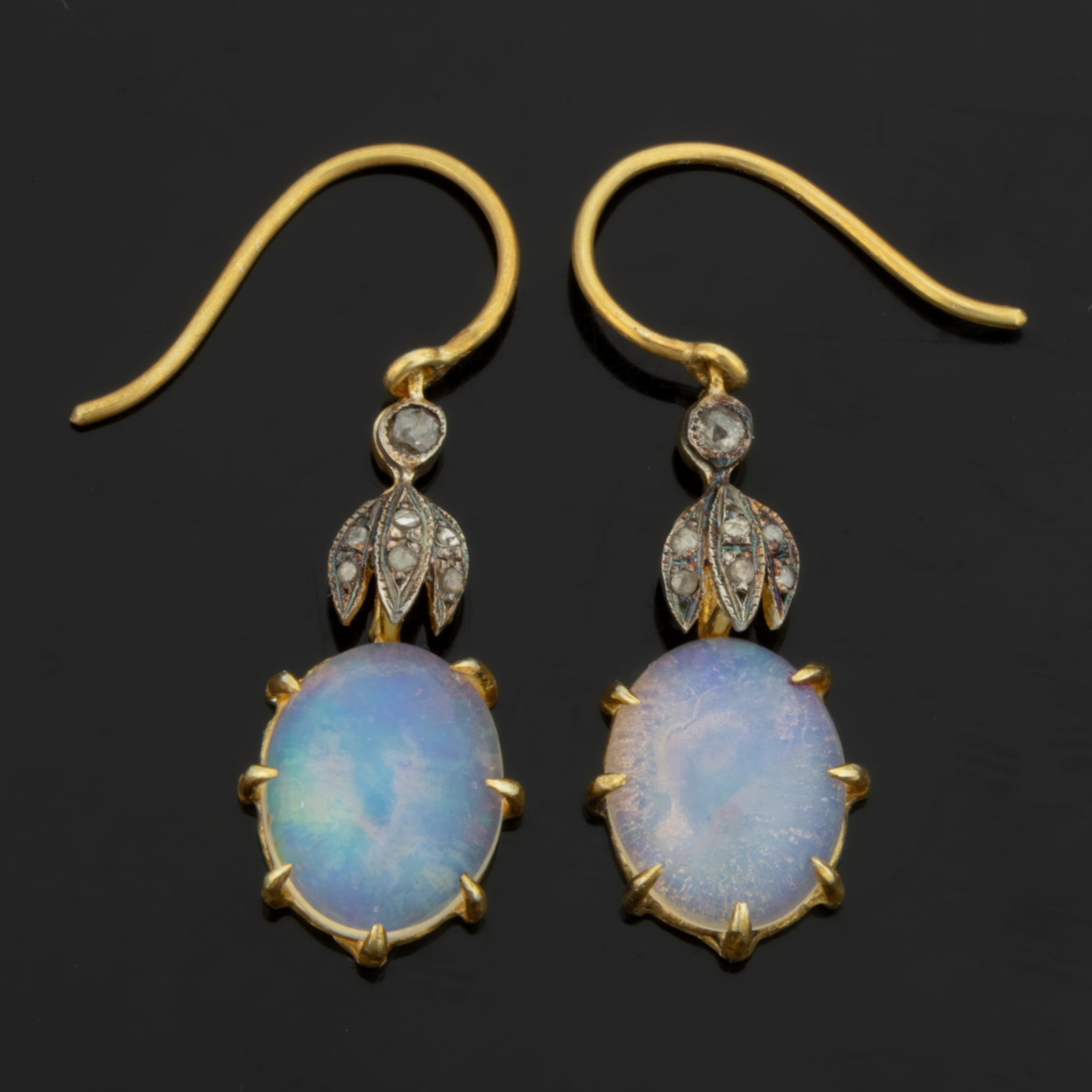 CONTEMPORARY STERLING SILVER, DIAMOND, AND OPAL-TYPE DROP EARRINGS, PAIR (1 of 1)