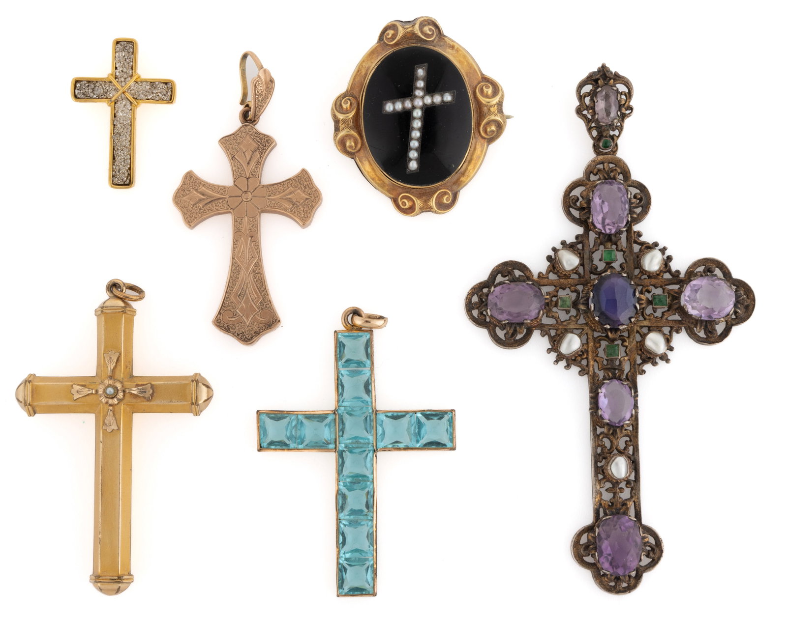 ANTIQUE AND VINTAGE GOLD-FILLED / GILT-METAL RELIGIOUS JEWELRY, LOT OF SIX (1 of 2)