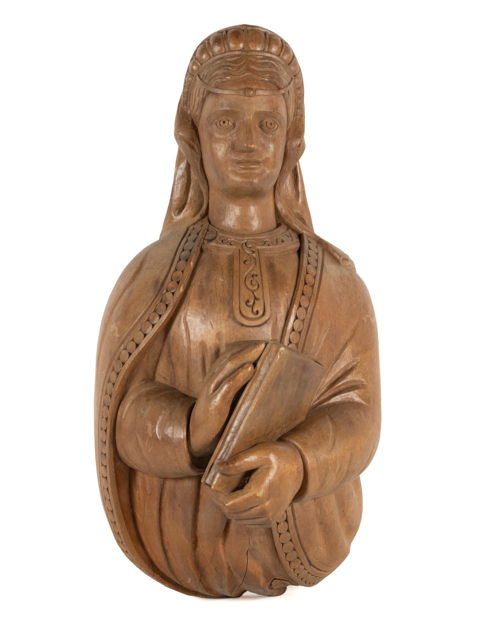 CARVED WOODEN FIGURAL BUST OF WOMAN WITH BOOK SCULPTURE (1 of 3)