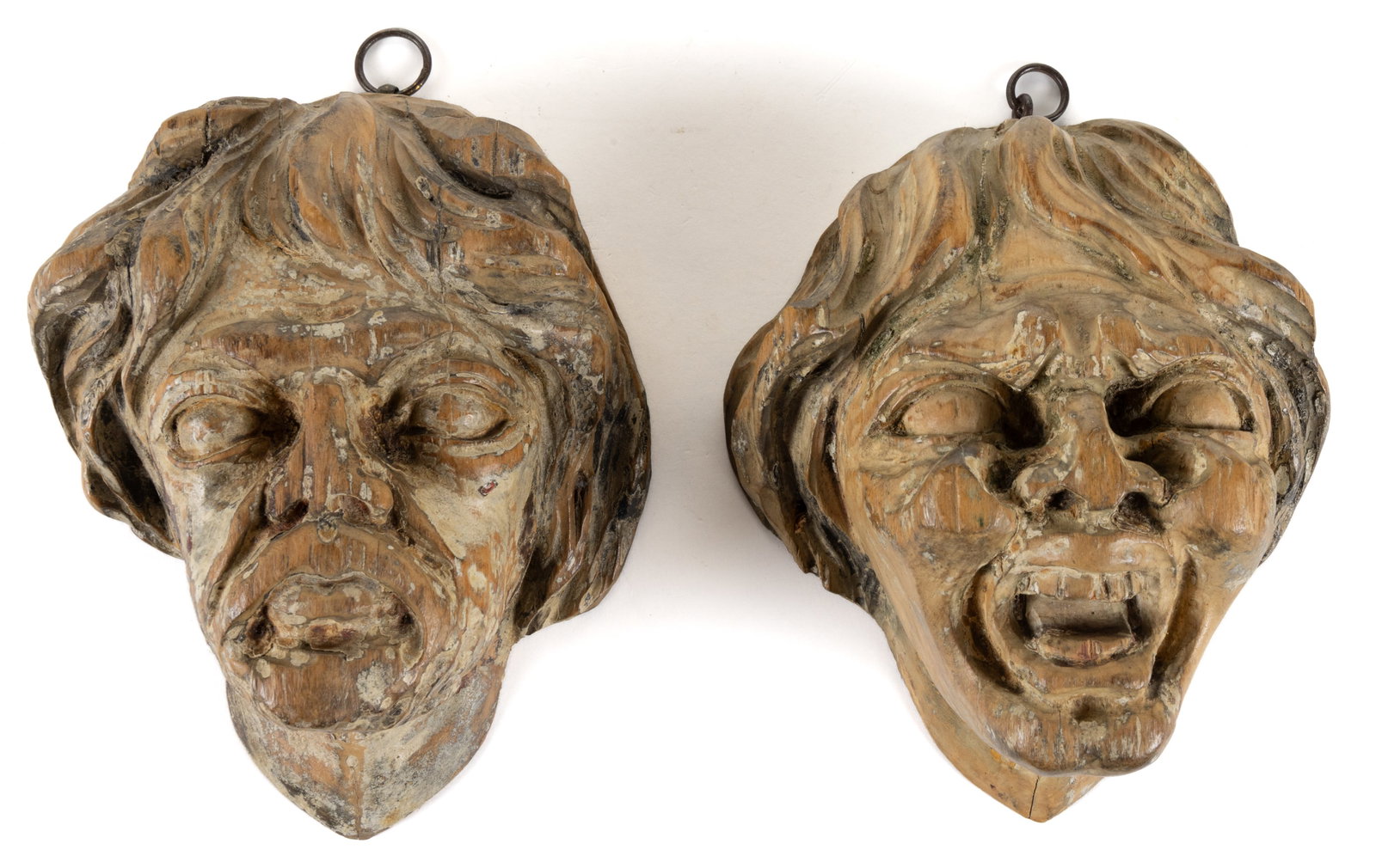 CARVED WOODEN FIGURAL SATYR-TYPE MALE HEAD WALL SCULPTURES, LOT OF TWO (1 of 4)
