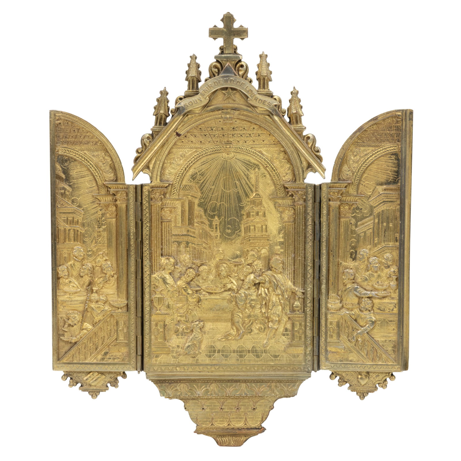 FRENCH SIGNED I. BLOCH RELIGIOUS GILDED BRONZE FIGURAL RELIEF FOLDING WALL-MOUNT TRIPTYCH / ICON (1 of 3)