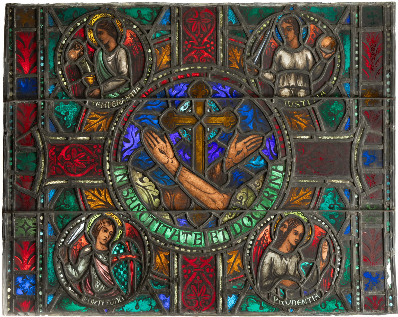 ANTIQUE EUROPEAN RELIGIOUS STAINED- AND LEADED-GLASS WINDOW: ANTIQUE EUROPEAN RELIGIOUS STAINED- AND LEADED-GLASS WINDOW, rectangular form with a large central circular reserve with crossed hands and a cross, and four smaller circular reserves, each featuring a