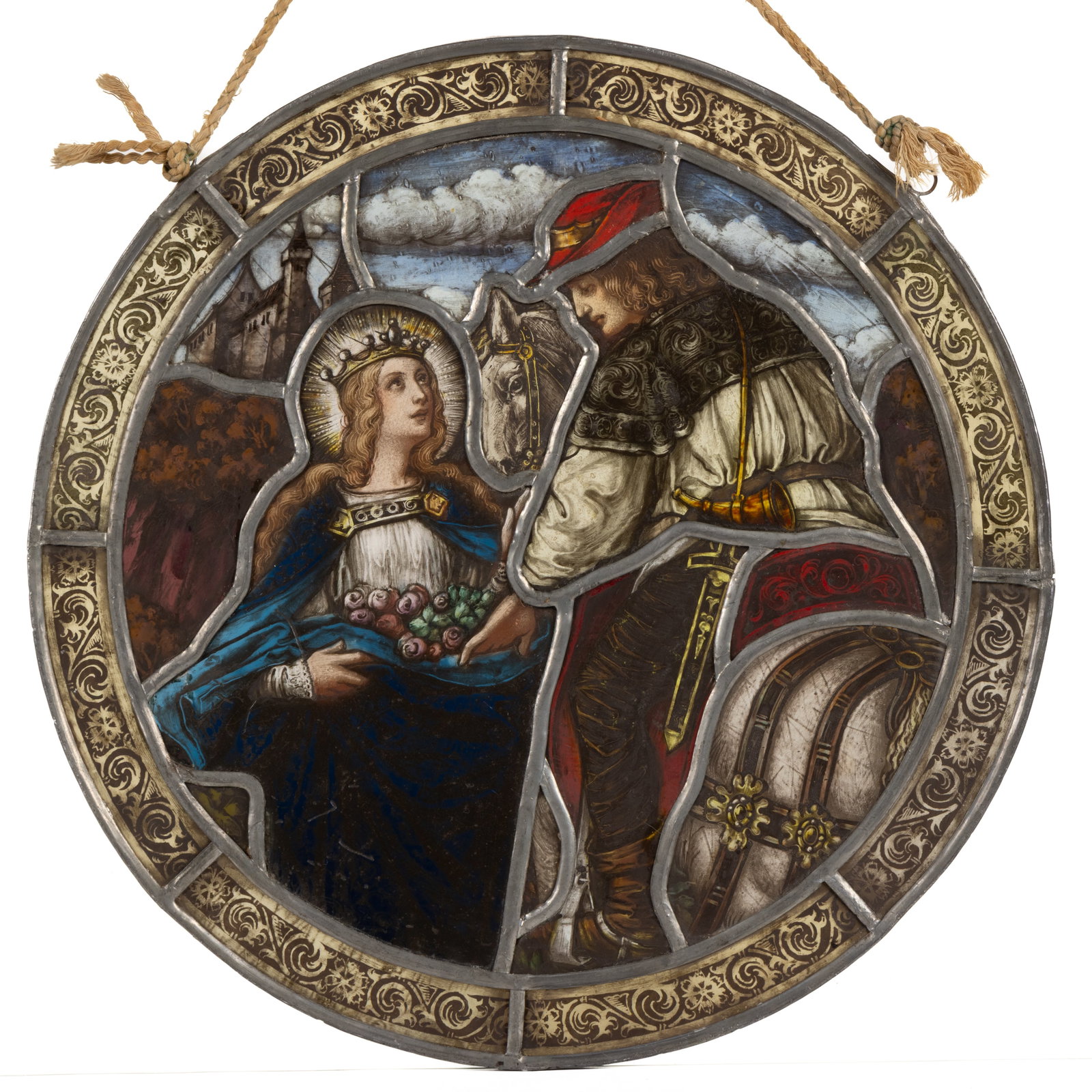 EUROPEAN STAINED- AND LEADED-GLASS WINDOW: EUROPEAN STAINED- AND LEADED-GLASS WINDOW, possibly an allegorical or religious narrative, depicting a man on horseback taking some variety of fruit or flowers from a crowned woman, a castle can