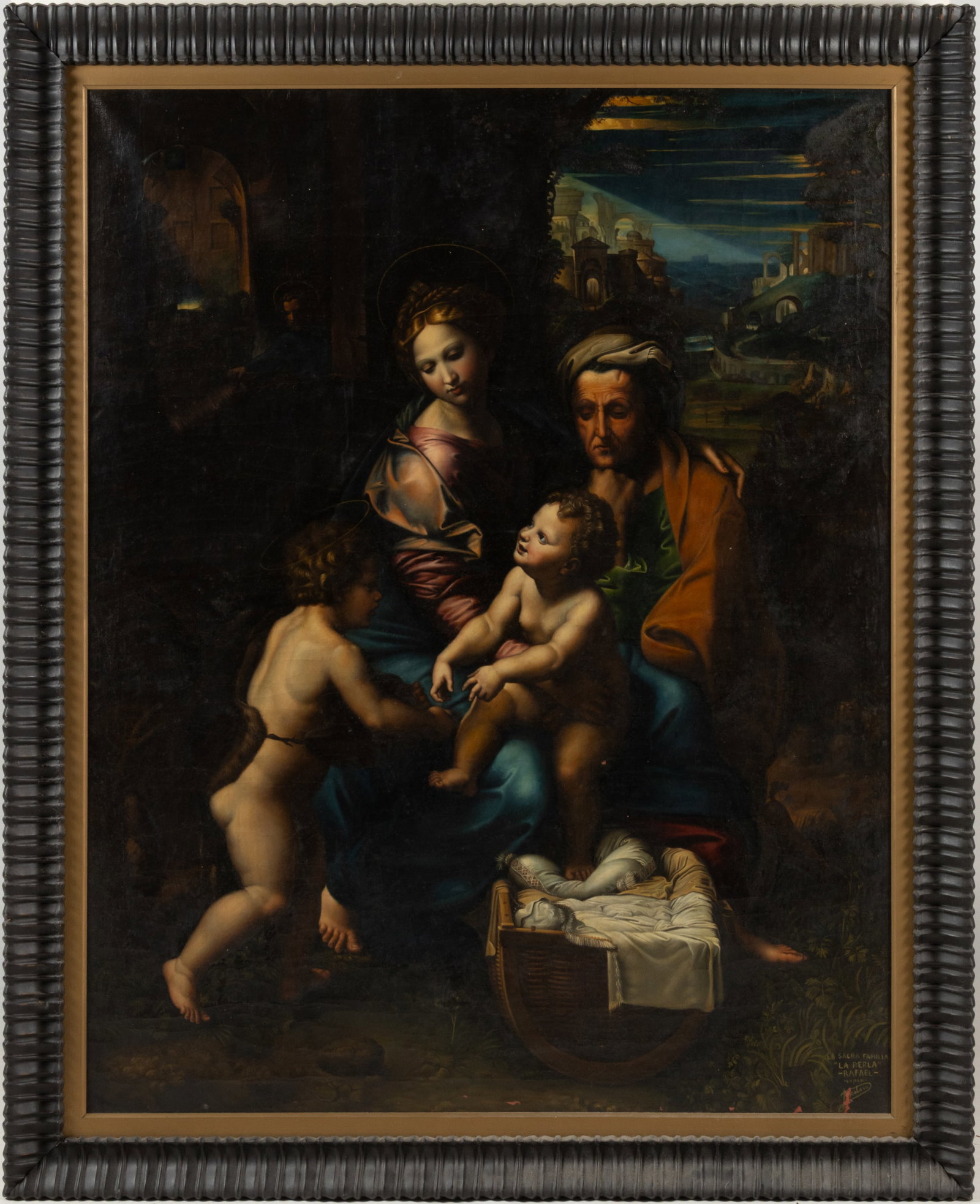 AFTER RAPHAEL (ITALIAN, 1483-1520) "THE HOLY FAMILY" / "LA PERLA" LARGE OLD MASTER-STYLE PAINTING: AFTER RAPHAEL (ITALIAN, 1483-1520) "THE HOLY FAMILY" / "LA PERLA" LARGE OLD MASTER-STYLE PAINTING, oil on canvas, depicting the Virgin Mary and Baby Jesus with Saint John the Bapti
