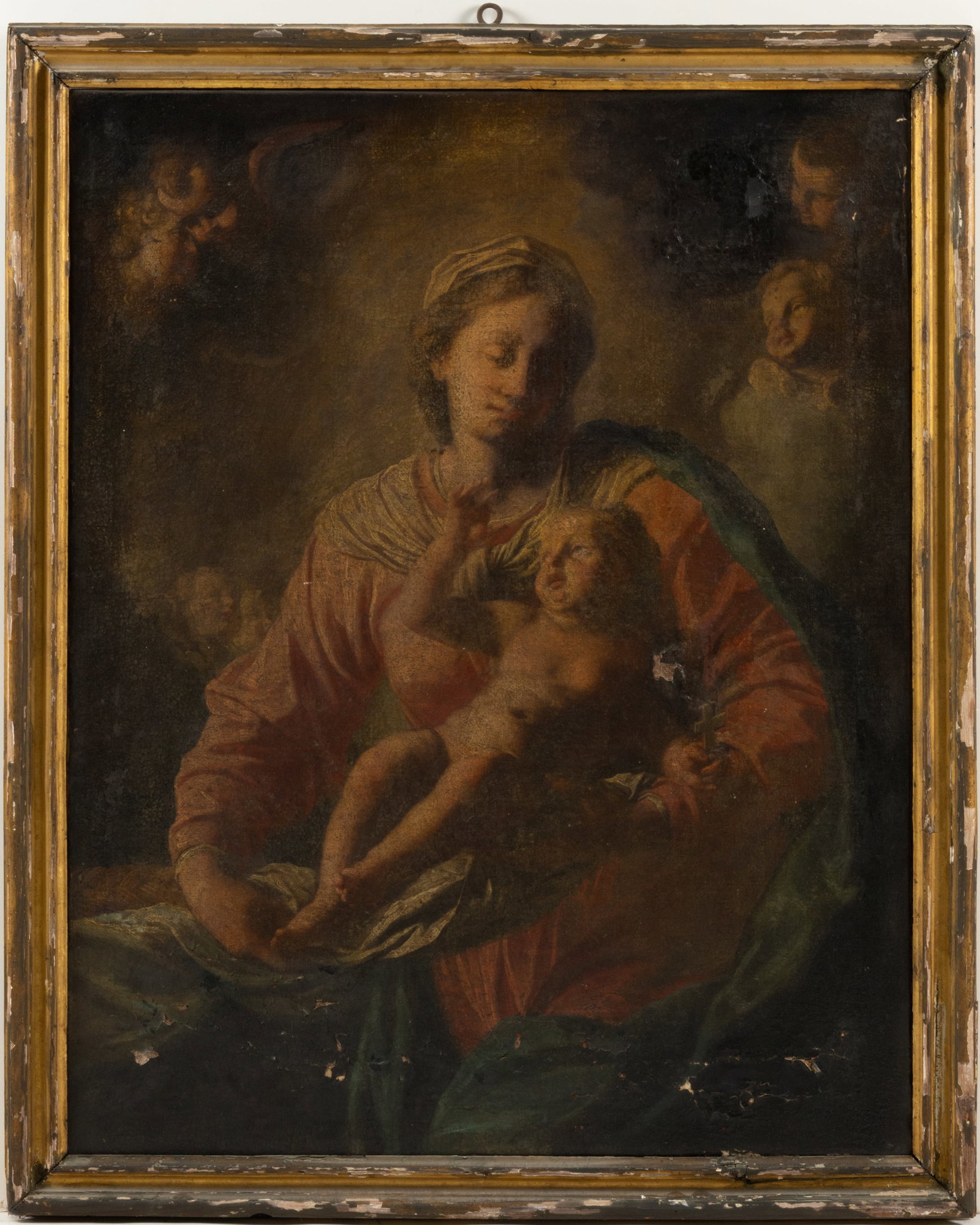 CONTINENTAL SCHOOL (18TH / 19TH CENTURY) MADONNA AND CHILD OLD MASTER-STYLE PAINTING: CONTINENTAL SCHOOL (18TH / 19TH CENTURY) MADONNA AND CHILD OLD MASTER-STYLE PAINTING, oil on canvas, depicting the Virgin Mary holding the Christ Child, both are surrounded by a number of cherubic fig