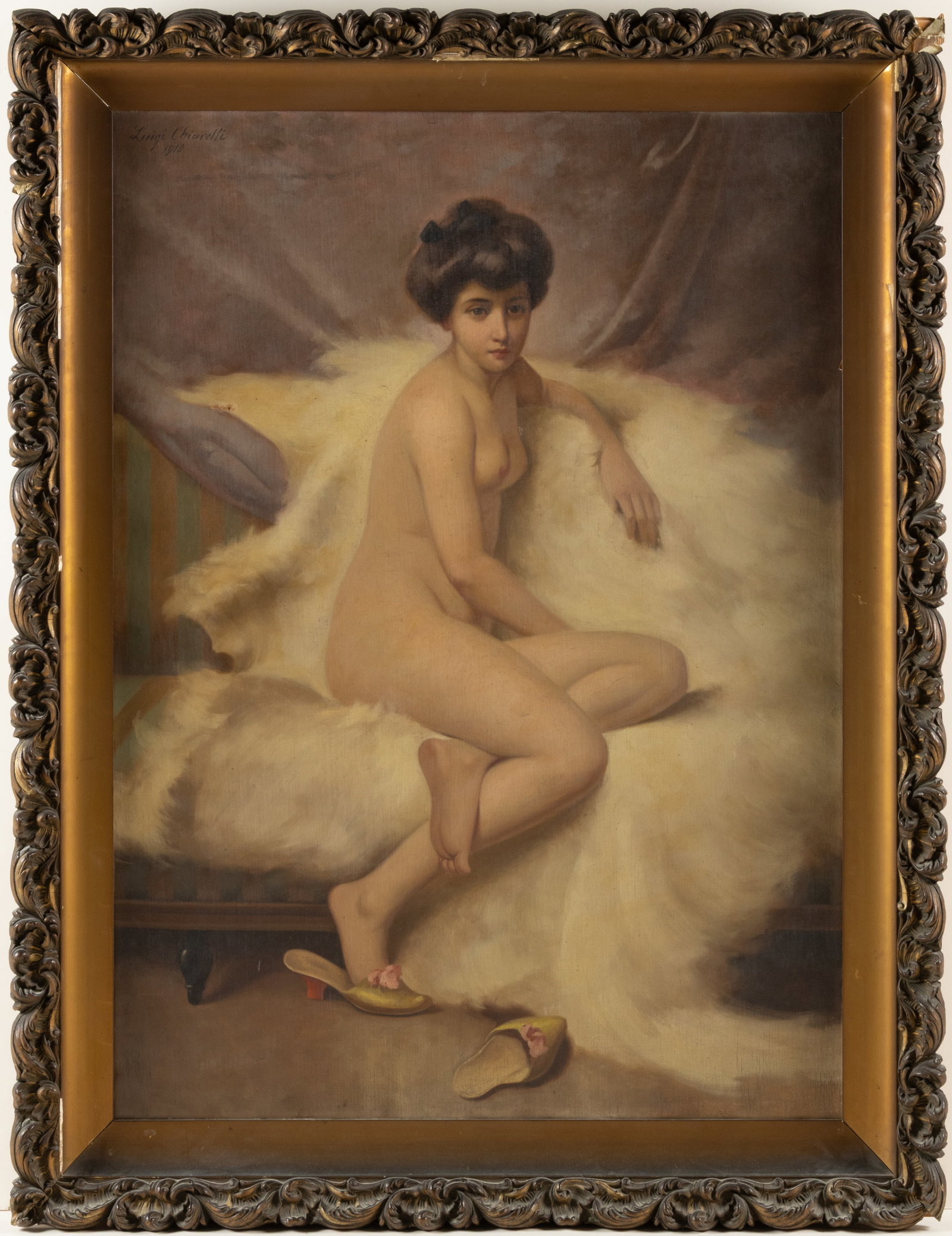 LUIGI CHIARELLI (ITALIAN, 19TH / 20TH CENTURY) PAINTING OF A NUDE LADY: LUIGI CHIARELLI (ITALIAN, 19TH / 20TH CENTURY) PAINTING OF A NUDE LADY, oil on canvas, a full-body depiction of a young maiden with her brown hair tied up in a bun reclining on a large white fur