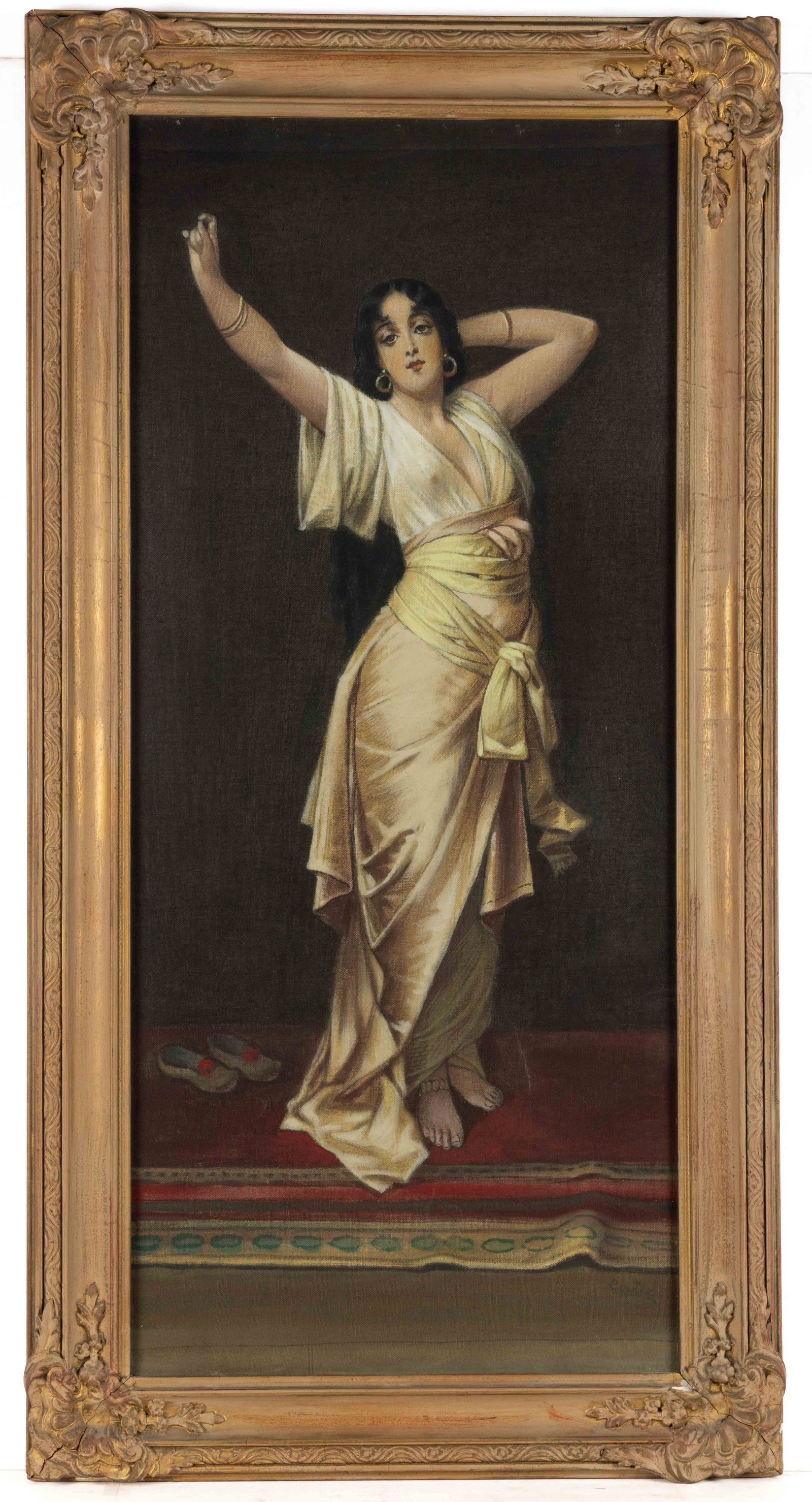 AFTER NATHANIEL SICHEL (GERMAN, 1843-1907) PORTRAIT OF A HAREM DANCER: AFTER NATHANIEL SICHEL (GERMAN, 1843-1907) PORTRAIT OF A HAREM DANCER, oil on canvas, depicting a young lady with dark hair with her arms stretching above her head, her shoes have been removed and she