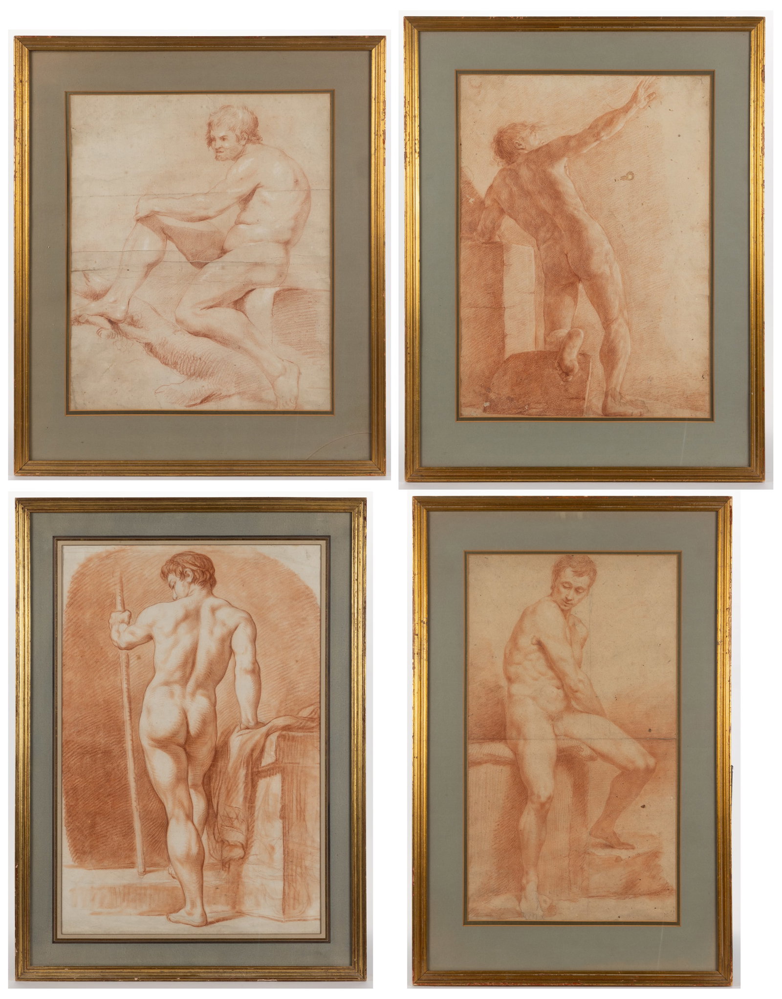 AMERICAN OR EUROPEAN SCHOOL (19TH CENTURY) MALE NUDE STUDIES, LOT OF FOUR: AMERICAN OR EUROPEAN SCHOOL (19TH CENTURY) MALE NUDE STUDIES, LOT OF FOUR, charcoal / pastel on paper, no inscriptions located. Each housed in a modern frame. Second half 19th century. Largest example
