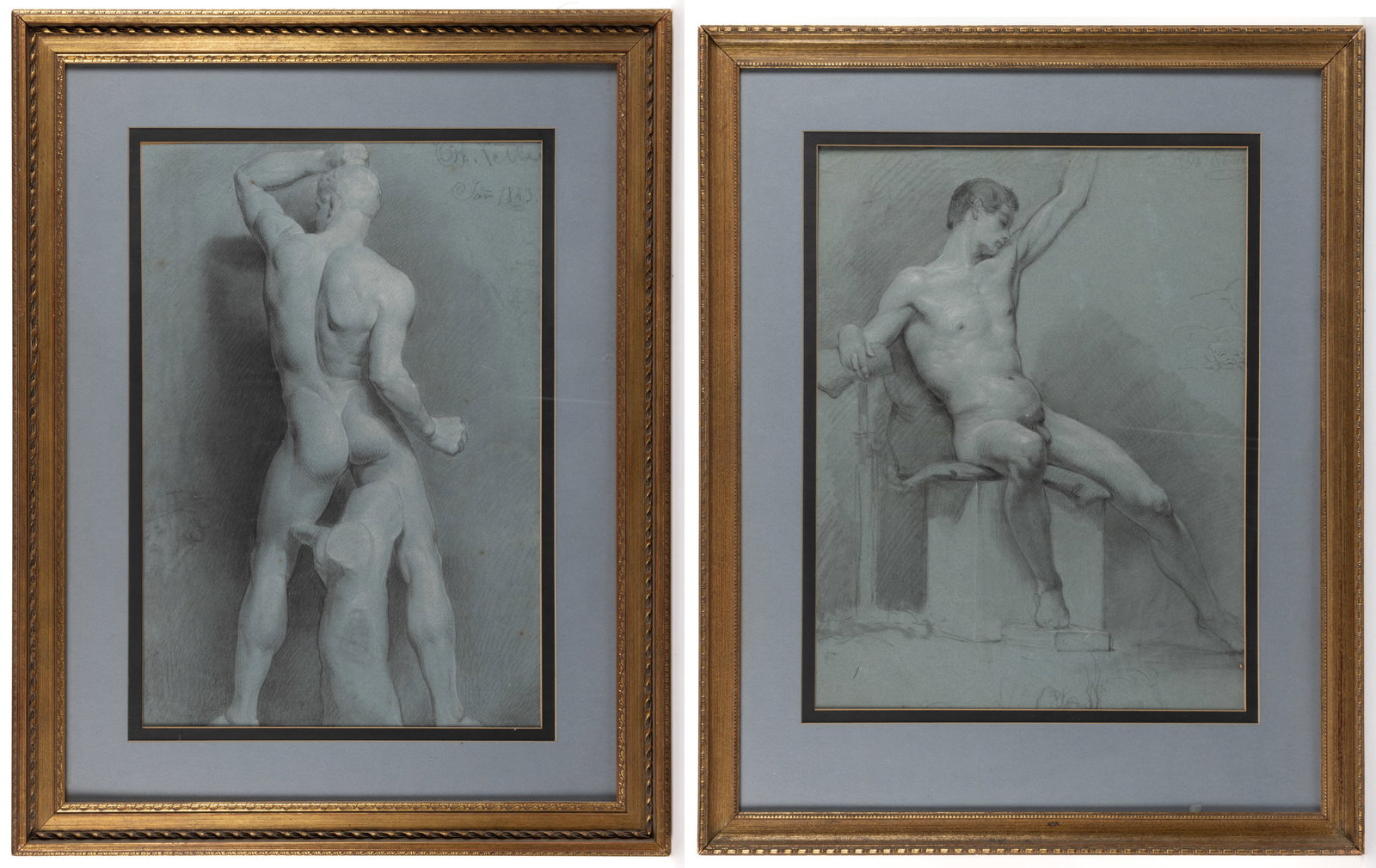 AMERICAN OR EUROPEAN SCHOOL (19TH CENTURY) MALE NUDE FIGURE STUDIES, LOT OF TWO: AMERICAN OR EUROPEAN SCHOOL (19TH CENTURY) MALE NUDE FIGURE STUDIES, LOT OF TWO, charcoal on paper, each inscribed, one dated 1843, and housed in a modern frame. Mid 19th century. Larger example 22&qu