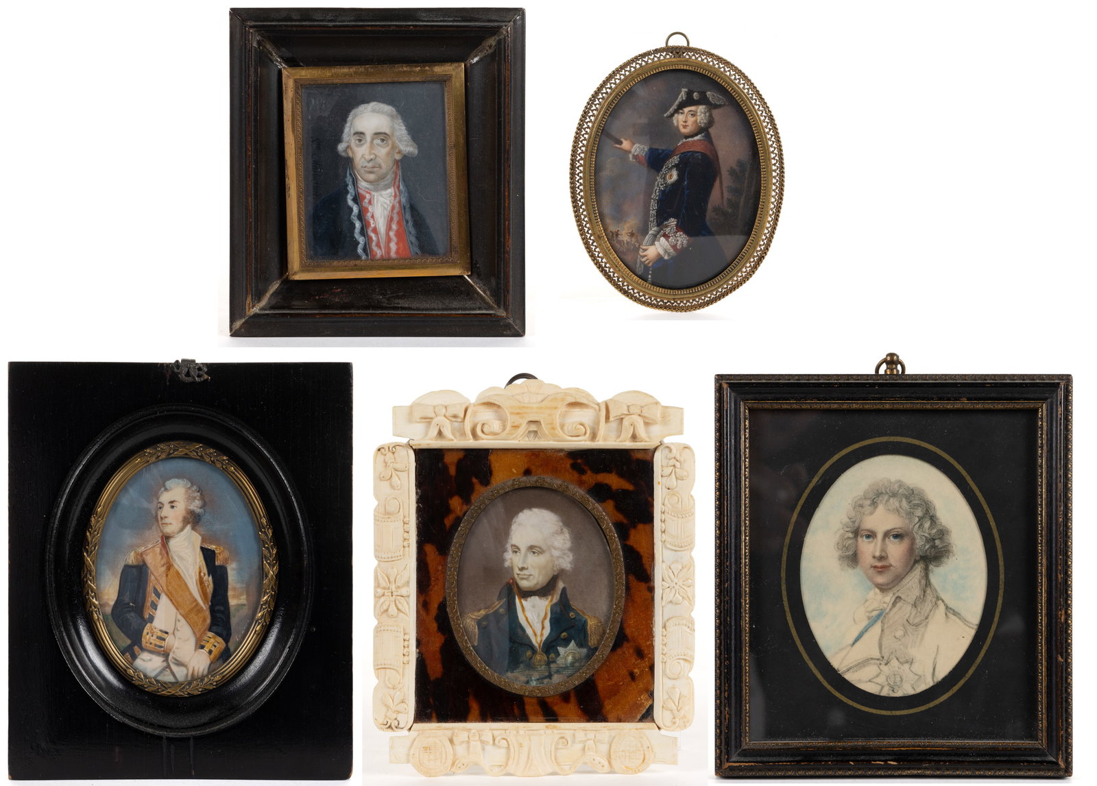 CONTINENTAL SCHOOL (19TH / 20TH CENTURY) MILITARY AND OTHER MINIATURE PORTRAITS, LOT OF FIVE: CONTINENTAL SCHOOL (19TH / 20TH CENTURY) MILITARY AND OTHER MINIATURE PORTRAITS, LOT OF FIVE, comprising a depiction of Lord Nelson in a bone and shell frame; a depiction of Frederick the Great; a sig
