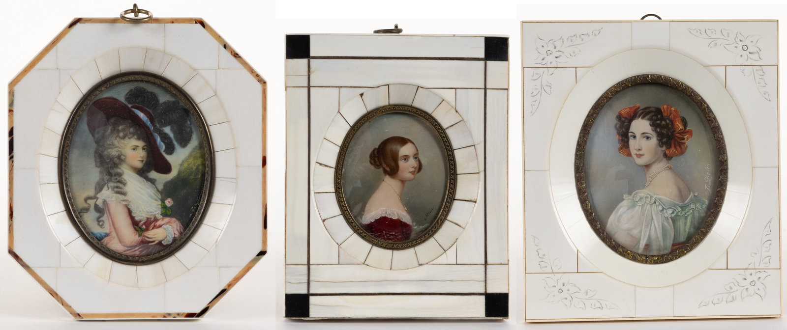 CONTINENTAL SCHOOL (20TH CENTURY) MINIATURE PORTRAITS, LOT OF THREE: CONTINENTAL SCHOOL (20TH CENTURY) MINIATURE PORTRAITS, LOT OF THREE, comprising an example, which is possibly a print with painted detail, after Gainsborough depicting Georgiana, Duchess of Devon
