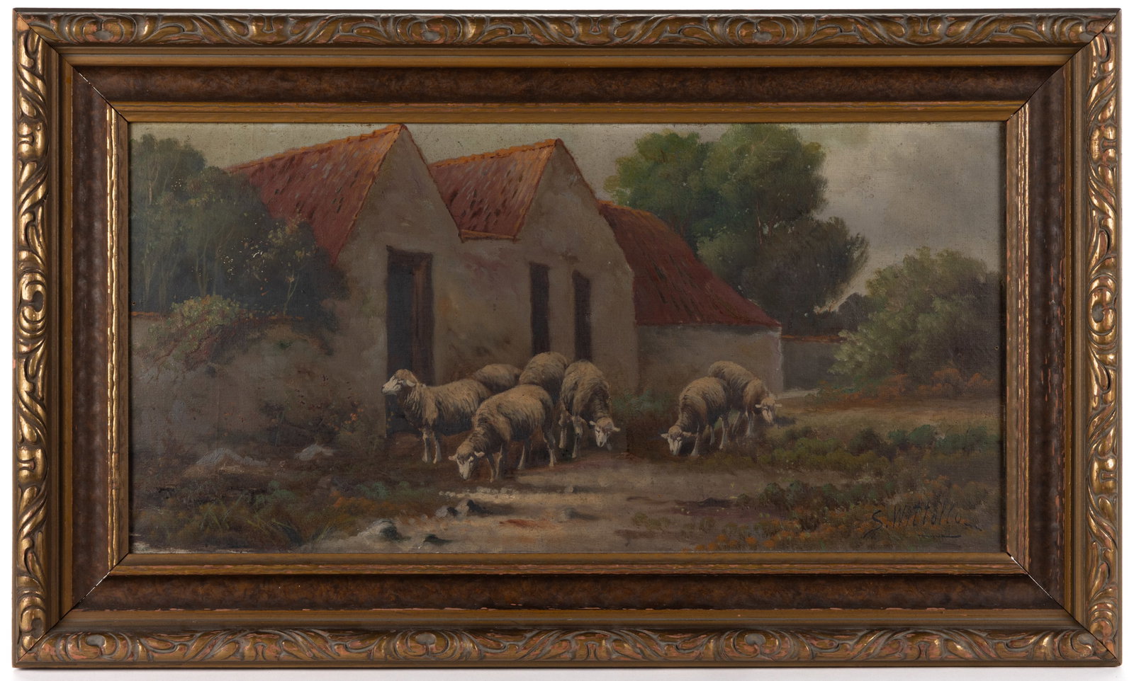 CONTINENTAL SCHOOL (19TH CENTURY) BARNYARD PAINTING WITH SHEEP (1 of 5)