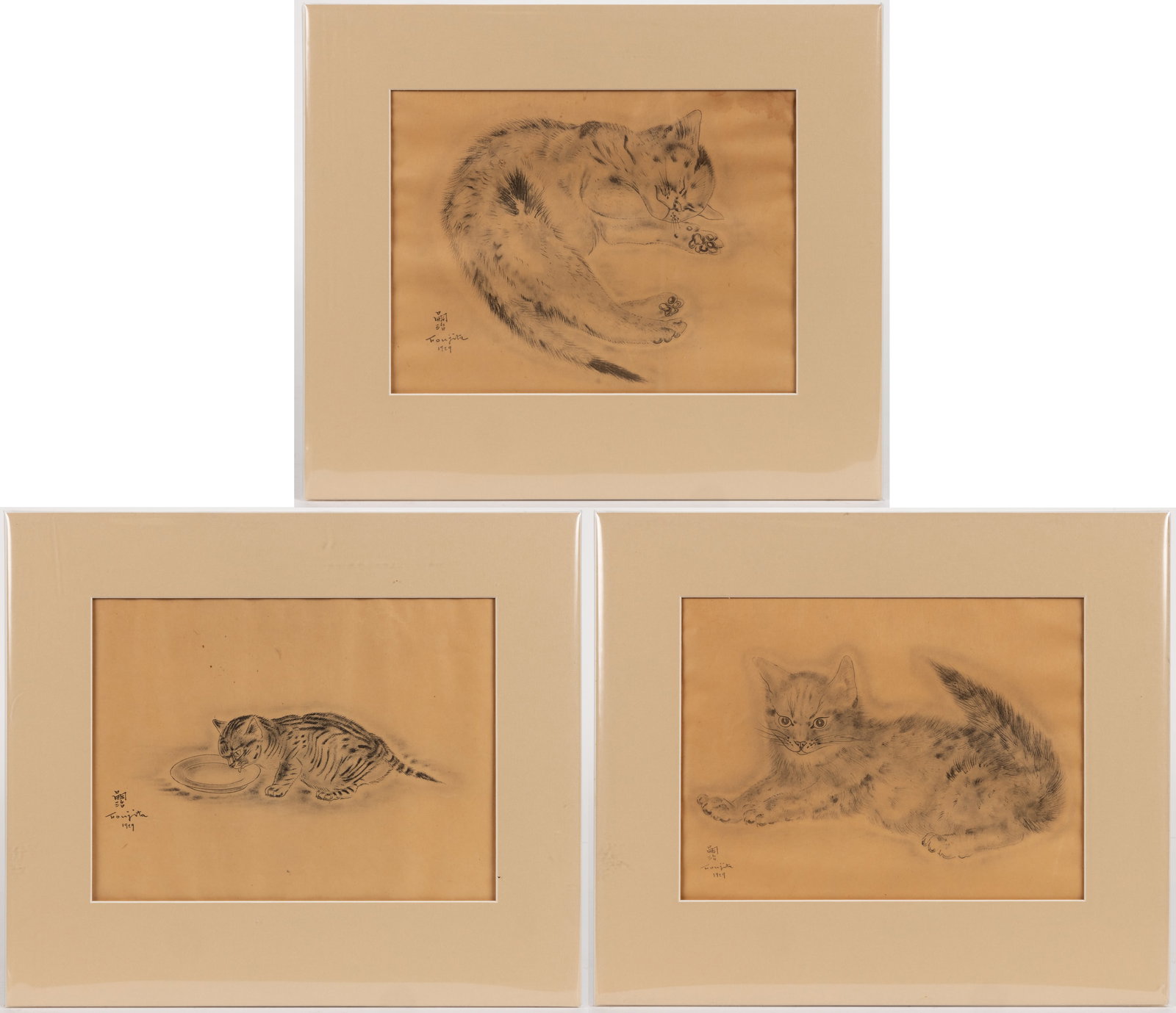 LEONARD TSUGUHARU FOUJITA (JAPANESE / FRENCH, 1886-1968) "A BOOK OF CATS" ETCHINGS, LOT OF THREE (1 of 4)