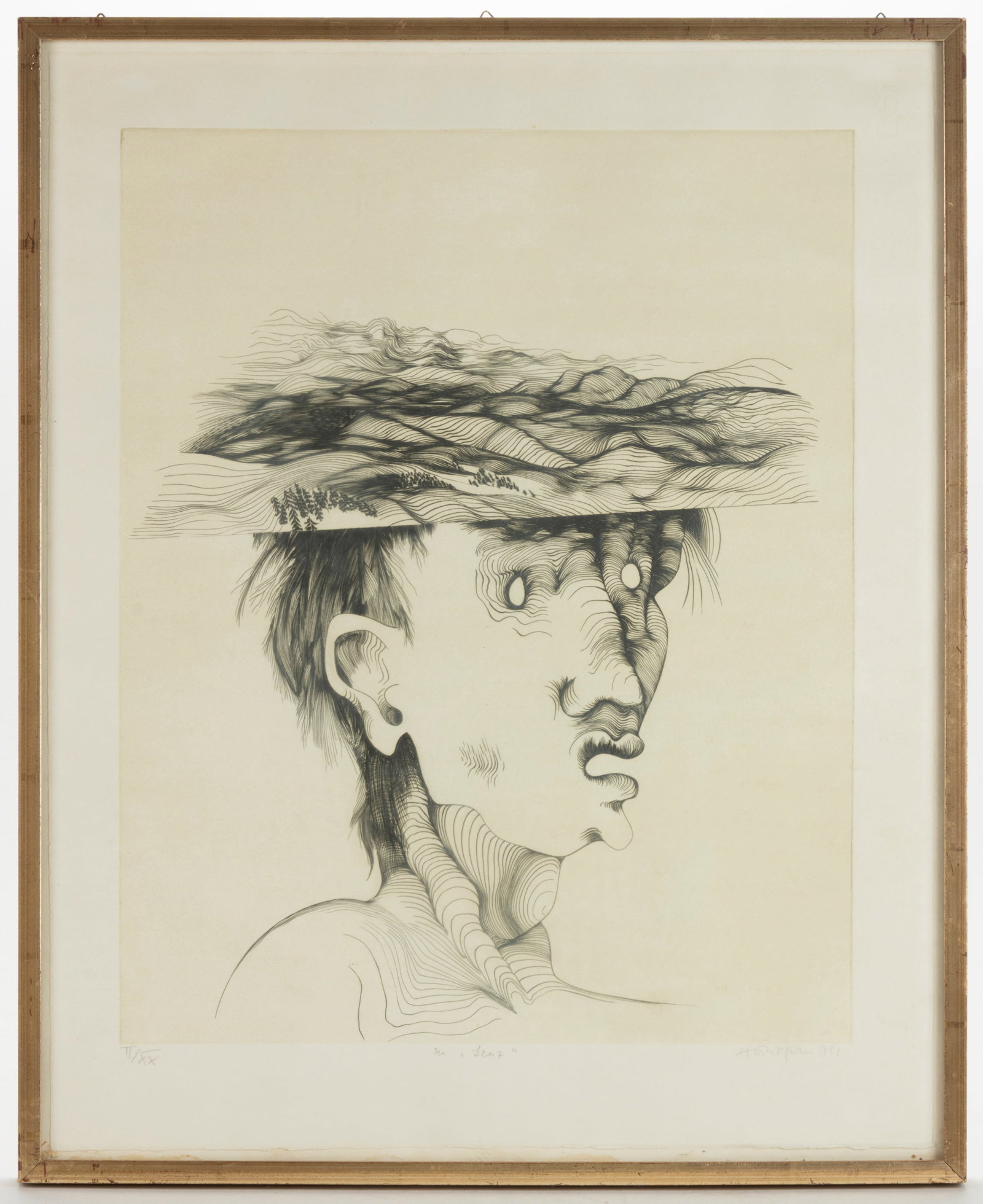 HUBERTUS VON PILGRIM (GERMAN, B. 1931) "THE LEAF" PRINT: HUBERTUS VON PILGRIM (GERMAN, B. 1931) "THE LEAF" PRINT, abstract portrait created through intricate linework, pencil signed and dated in lower right margin. Housed under glass in