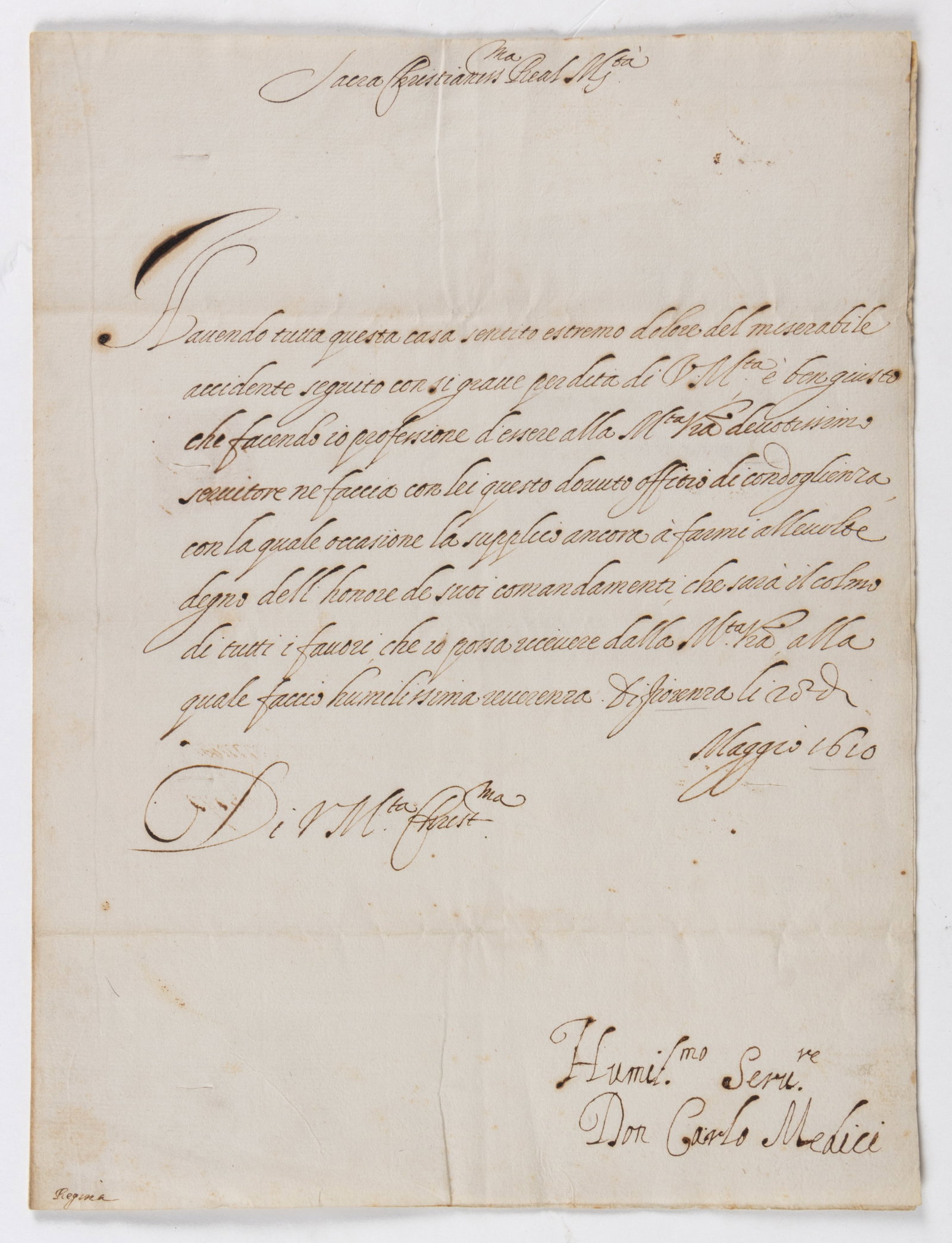 CARDINAL DON CARLO DE' MEDICI (ITALIAN, 1595-1666) MANUSCRIPT LETTER / DOCUMENT (1 of 3)