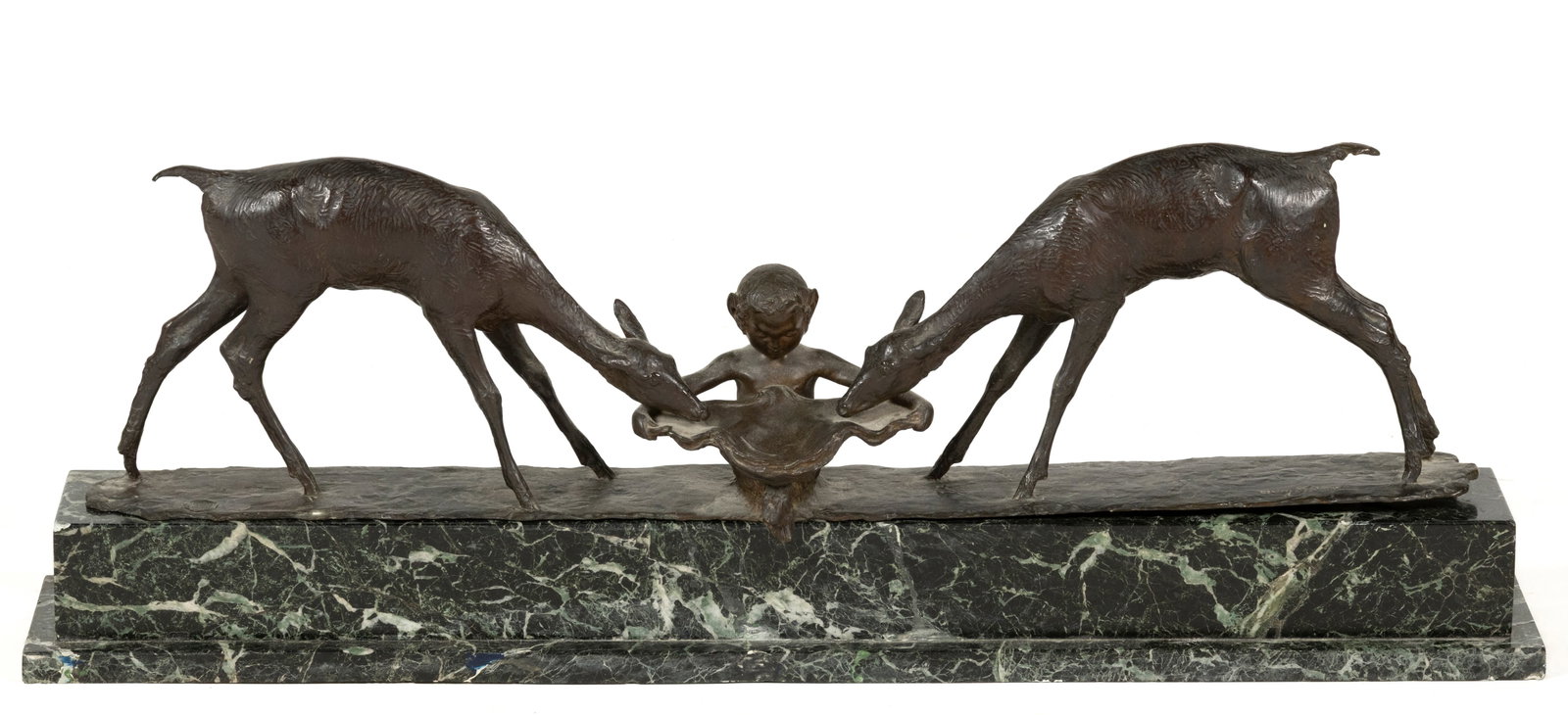 ARY JEAN LEON BITTER (FRENCH, 1888-1973) BRONZE MODEL OF A SATYR AND TWO FAWNS SCULPTURE: ARY JEAN LEON BITTER (FRENCH, 1888-1973) BRONZE MODEL OF A SATYR AND TWO FAWNS SCULPTURE, depicting two standing fawns drinking from a fountain that is held by a Faun/Satyr, signed on the right &