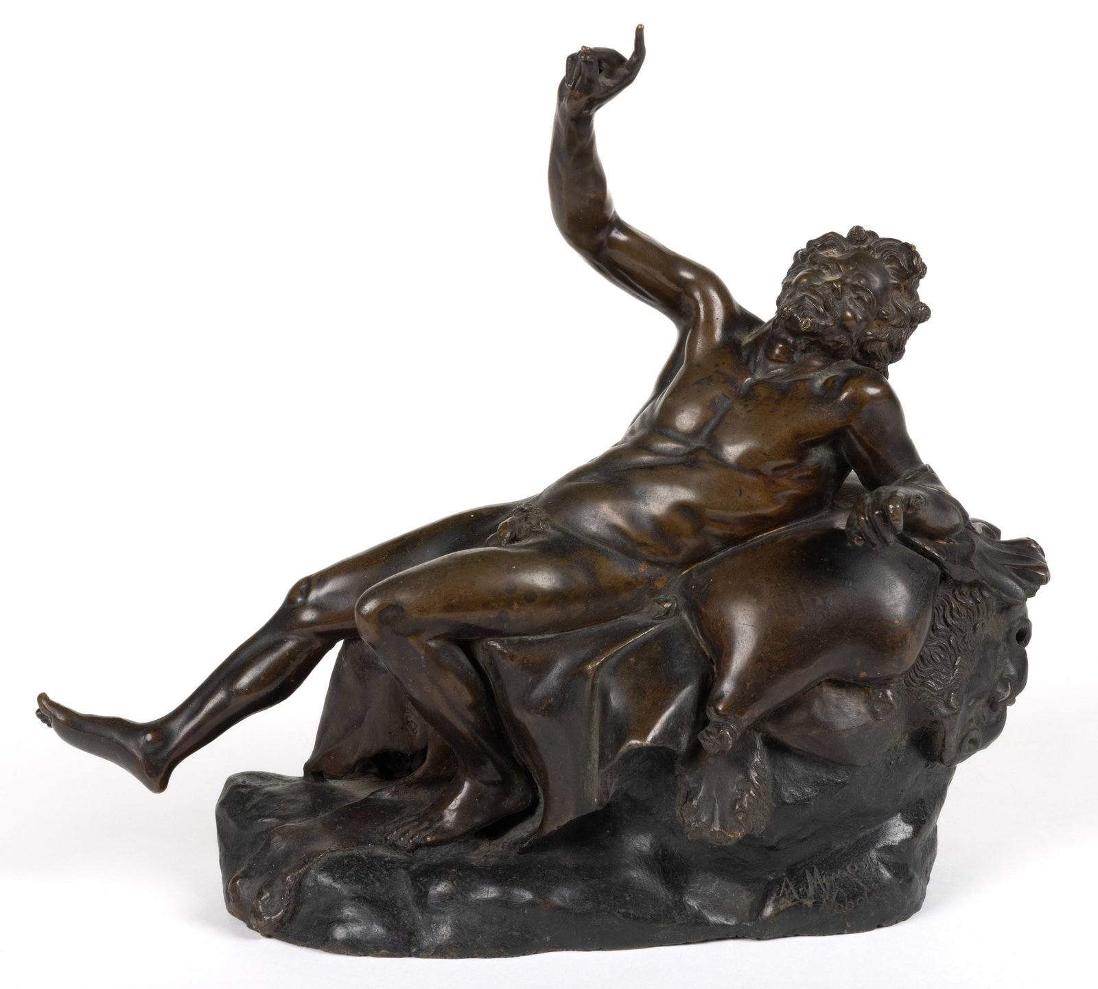 ITALIAN SIGNED FIGURAL OF DRUNKEN SATYR BRONZE SCULPTURE: ITALIAN SIGNED FIGURAL OF DRUNKEN SATYR BRONZE SCULPTURE, dark patinated with underside having hollow construction, depicting a drunken Satyr of Herculaneum in a naked and reclinin