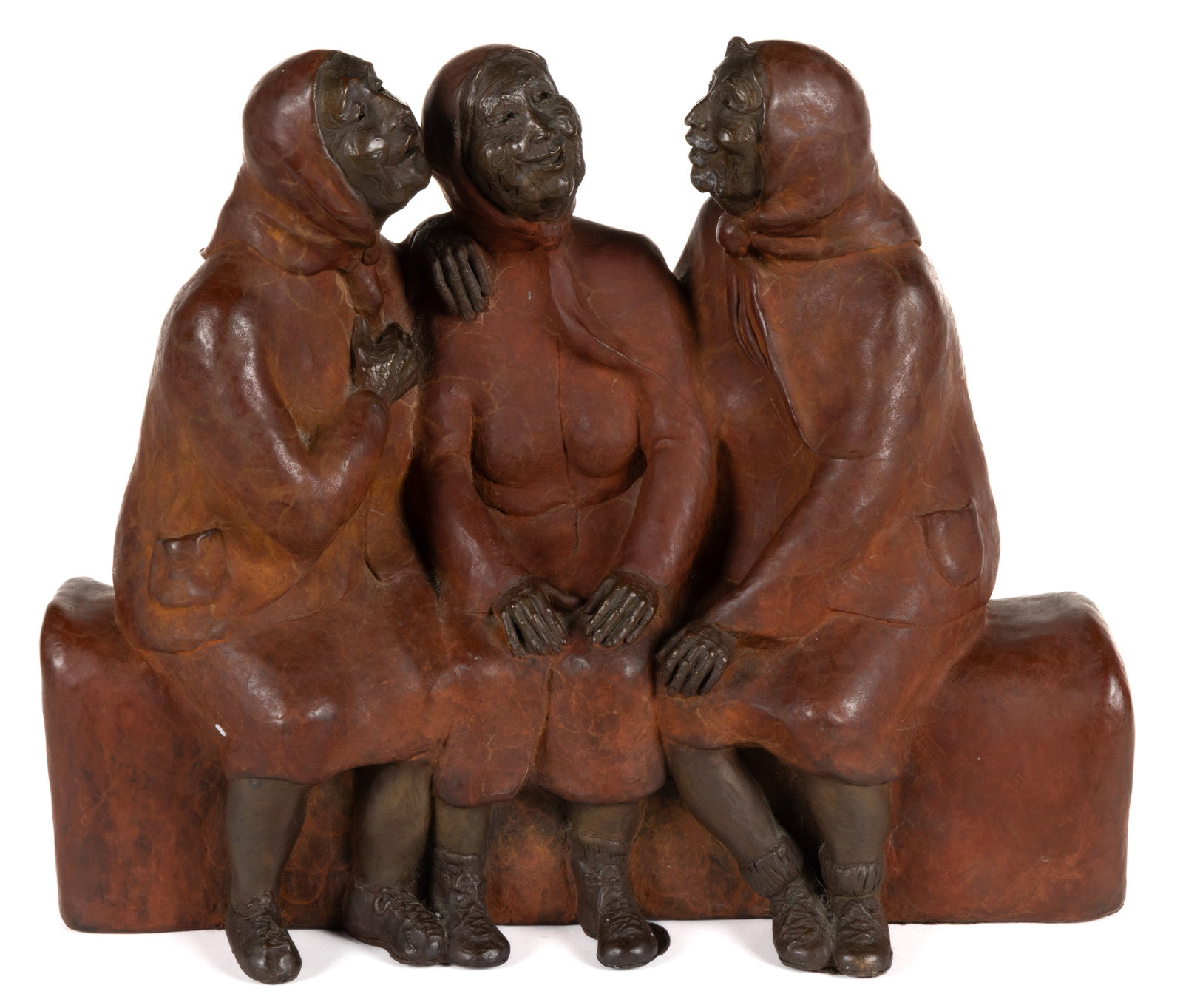 SALLY KIMP (AMERICAN, 1940-2018) "RUMOR BENCH" BRONZE SCULPTURE / STATUE: SALLY KIMP (AMERICAN, 1940-2018) "RUMOR BENCH" BRONZE SCULPTURE / STATUE, hollow form, depicting three women sitting on a bench engaging in lively conversation. Signed, dated, and numbered 1