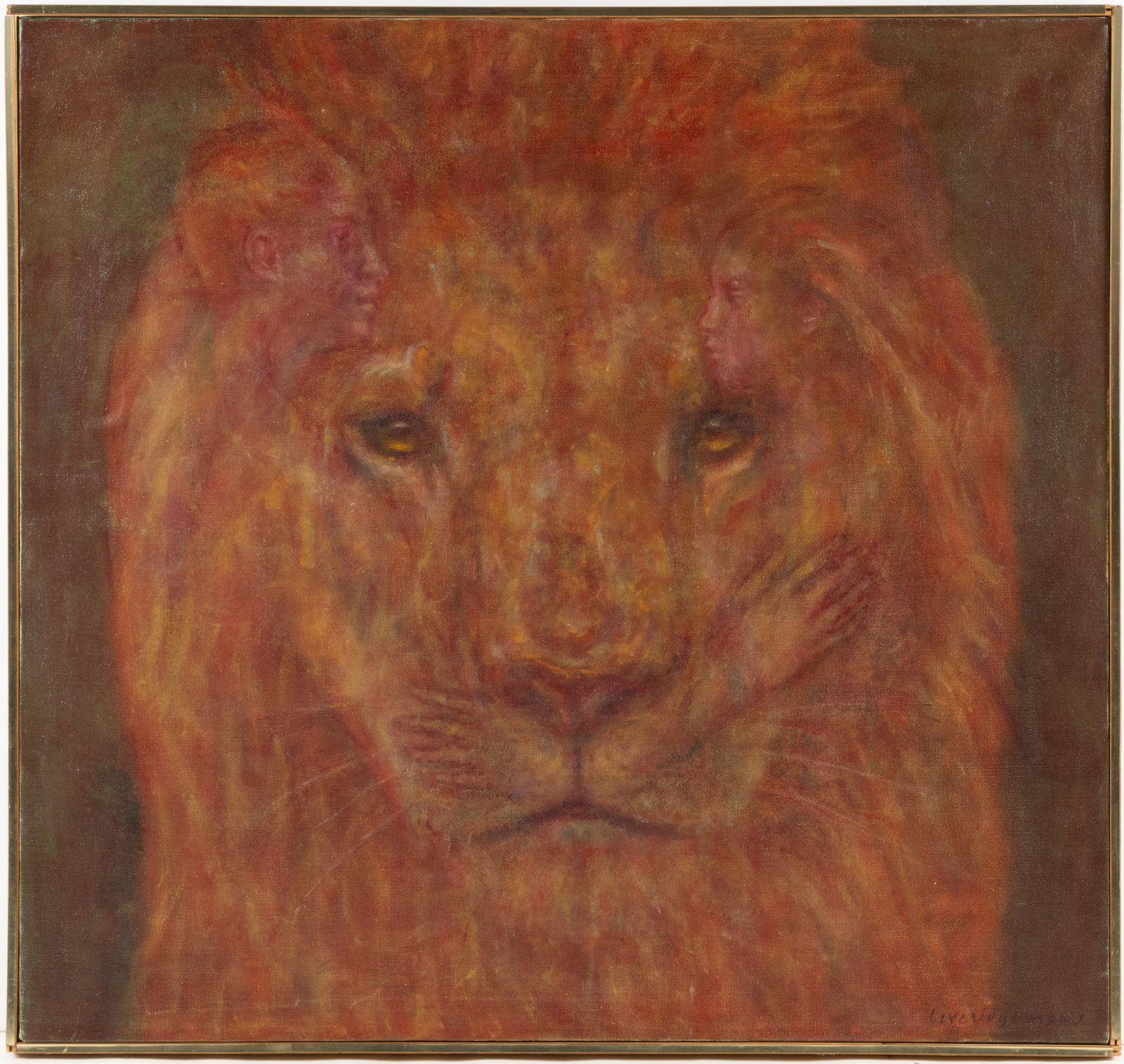 BEVERIDGE MOORE (BUCKS CO., PENNSYLVANIA, 1915-2004) "MAGIC OF THE HEART" PAINTING: BEVERIDGE MOORE (BUCKS CO., PENNSYLVANIA, 1915-2004) "MAGIC OF THE HEART" PAINTING, oil on canvas, a spiritual depiction of a lion's head concealing embracing figures as a part of the