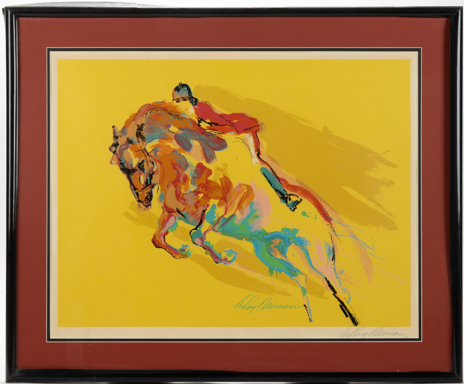 LEROY NEIMAN (AMERICAN, 1921-2012) "SHOW JUMPER" PRINT: LEROY NEIMAN (AMERICAN, 1921-2012) "SHOW JUMPER" PRINT, serigraph/screenprint, depicting a horse and rider mid-jump. Signed both in the print and in pencil in the lower margin. Housed under