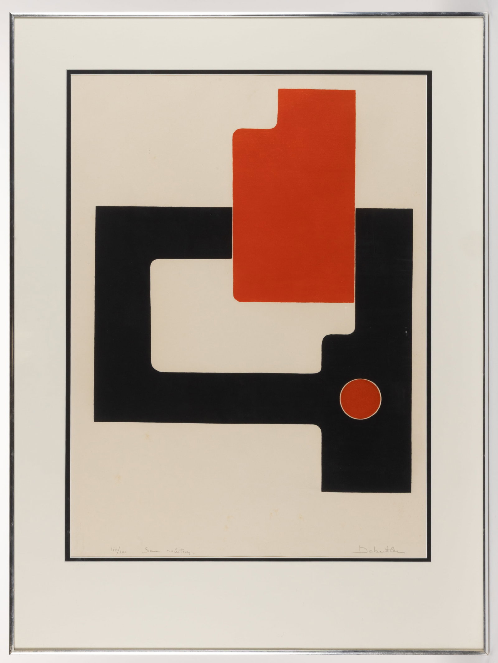 JACQUELINE DEBUTLER (FRENCH, B. 1928) "SANS SOLUTION" ABSTRACT PRINT: JACQUELINE DEBUTLER (FRENCH, B. 1928) "SANS SOLUTION" ABSTRACT PRINT, silkscreen on paper, featuring red and black forms on a white background. Titled, numbered 100/100, and signed in