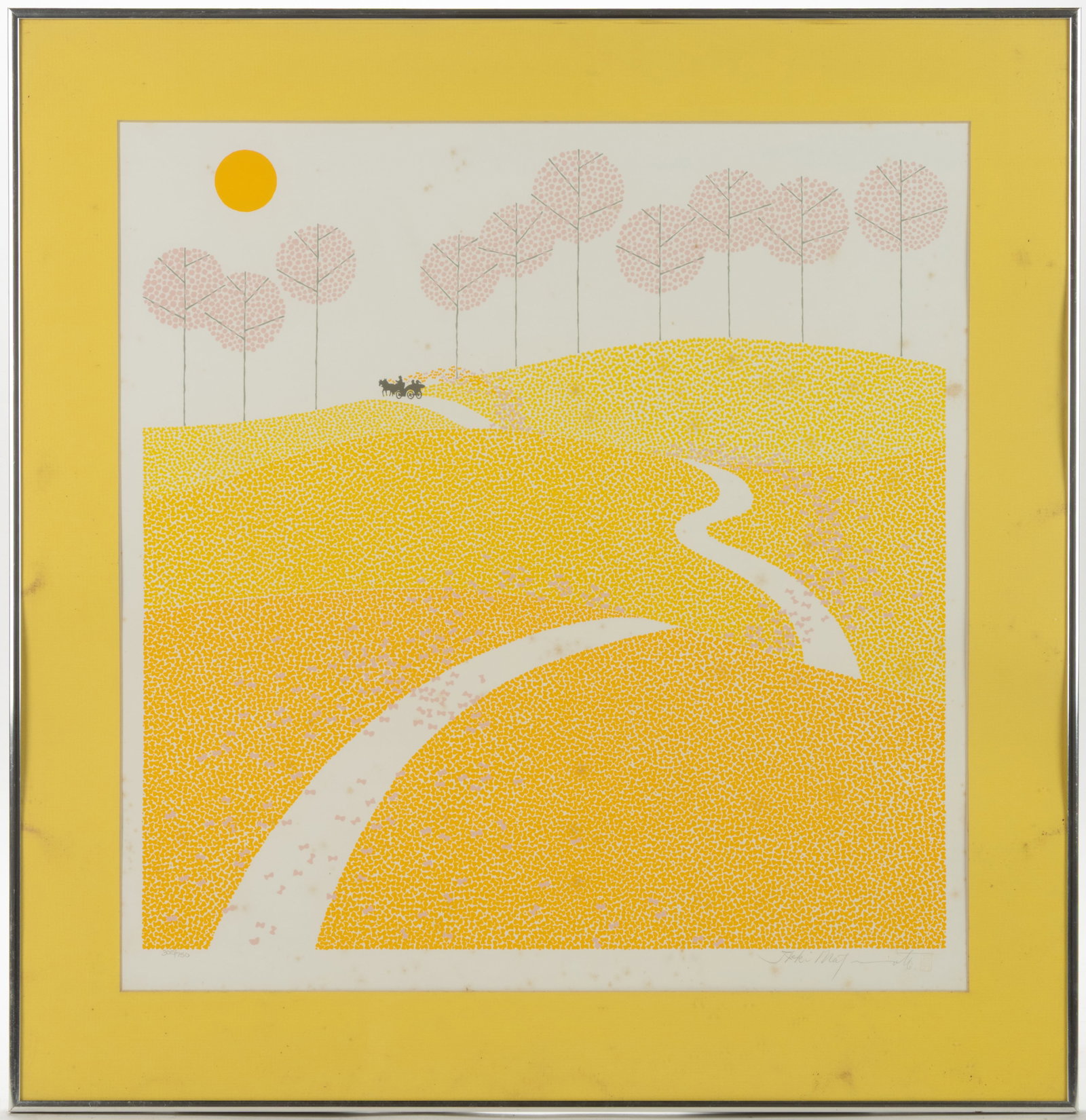 IKKI MATSUMOTO (JAPANESE-AMERICAN, 1935-2013) "OVER THE BUTTERFLY HILLS" PRINT: IKKI MATSUMOTO (JAPANESE-AMERICAN, 1935-2013) "OVER THE BUTTERFLY HILLS" PRINT, screenprint or serigraph, featuring stylized hills with a winding road and a horse and carriage in the
