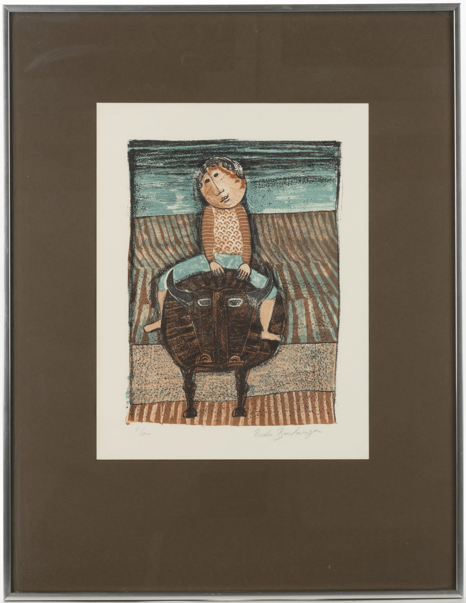 GRACIELA RODO BOULANGER (BOLIVIAN, B. 1935) "ENFANT SUR LE TAUREAU" / "CHILD ON THE BULL" PRINT: GRACIELA RODO BOULANGER (BOLIVIAN, B. 1935) "ENFANT SUR LE TAUREAU" / "CHILD ON THE BULL" PRINT, lithograph on paper, depicting a childing riding on top of a bull. Numbered 81/200