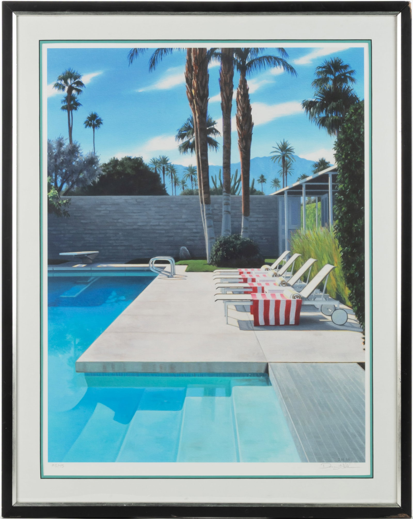 DANNY HELLER (LOS ANGELES, CALIFORNIA, ACTIVE 21ST CENTURY) HYPER-REALIST "POOLSIDE LOUNGE CHAIRS": DANNY HELLER (LOS ANGELES, CALIFORNIA, ACTIVE 21ST CENTURY) HYPER-REALIST "POOLSIDE LOUNGE CHAIRS" PRINT, print on cotton paper, depicting an inviting California poolside courtyard with the