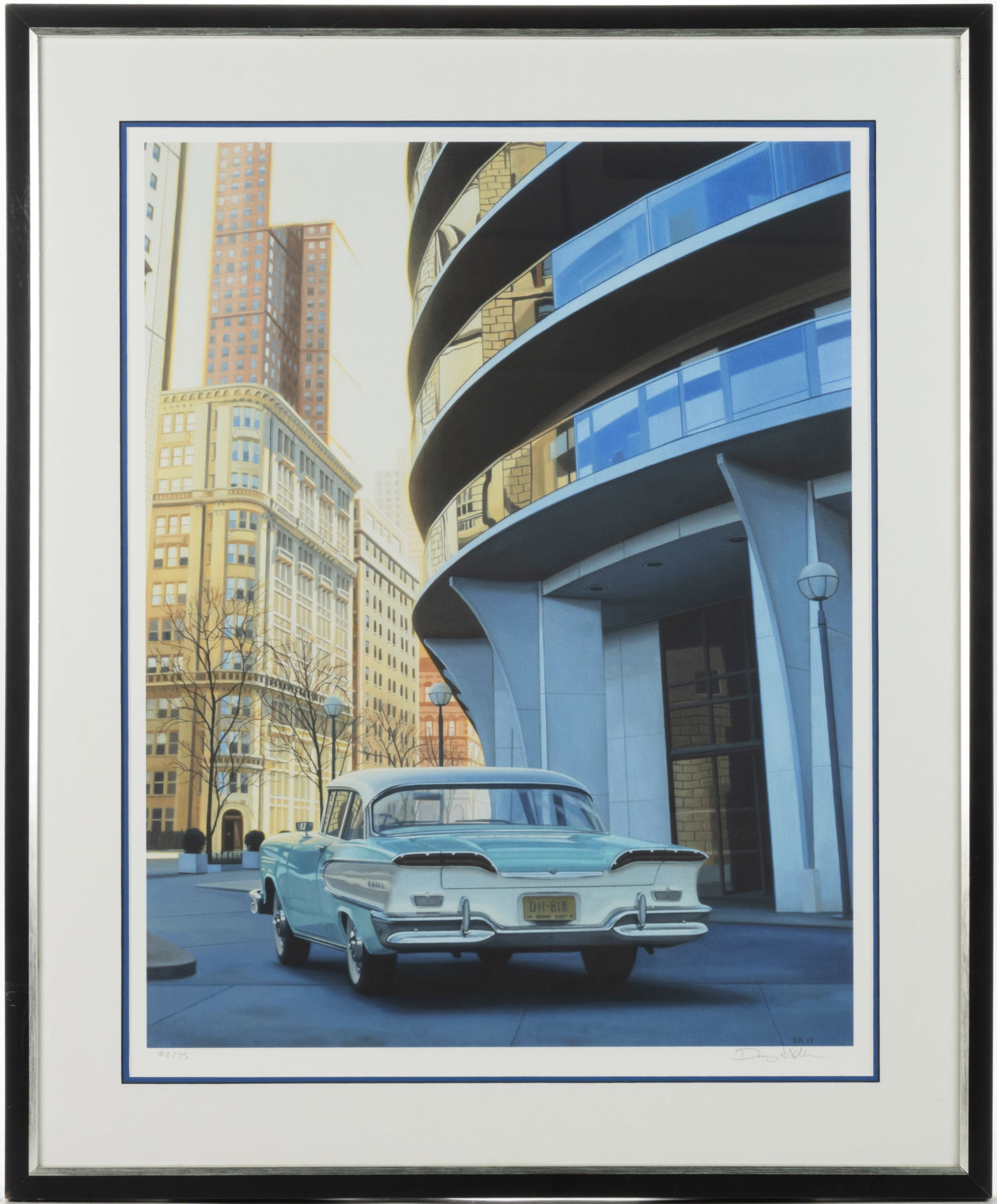DANNY HELLER (LOS ANGELES, CALIFORNIA, ACTIVE 21ST CENTURY) HYPER-REALIST "EDSEL IN THE CITY" PRINT: DANNY HELLER (LOS ANGELES, CALIFORNIA, ACTIVE 21ST CENTURY) HYPER-REALIST "EDSEL IN THE CITY" PRINT, print on cotton paper, depicting an Edsel in front of a mid-century building in downtown