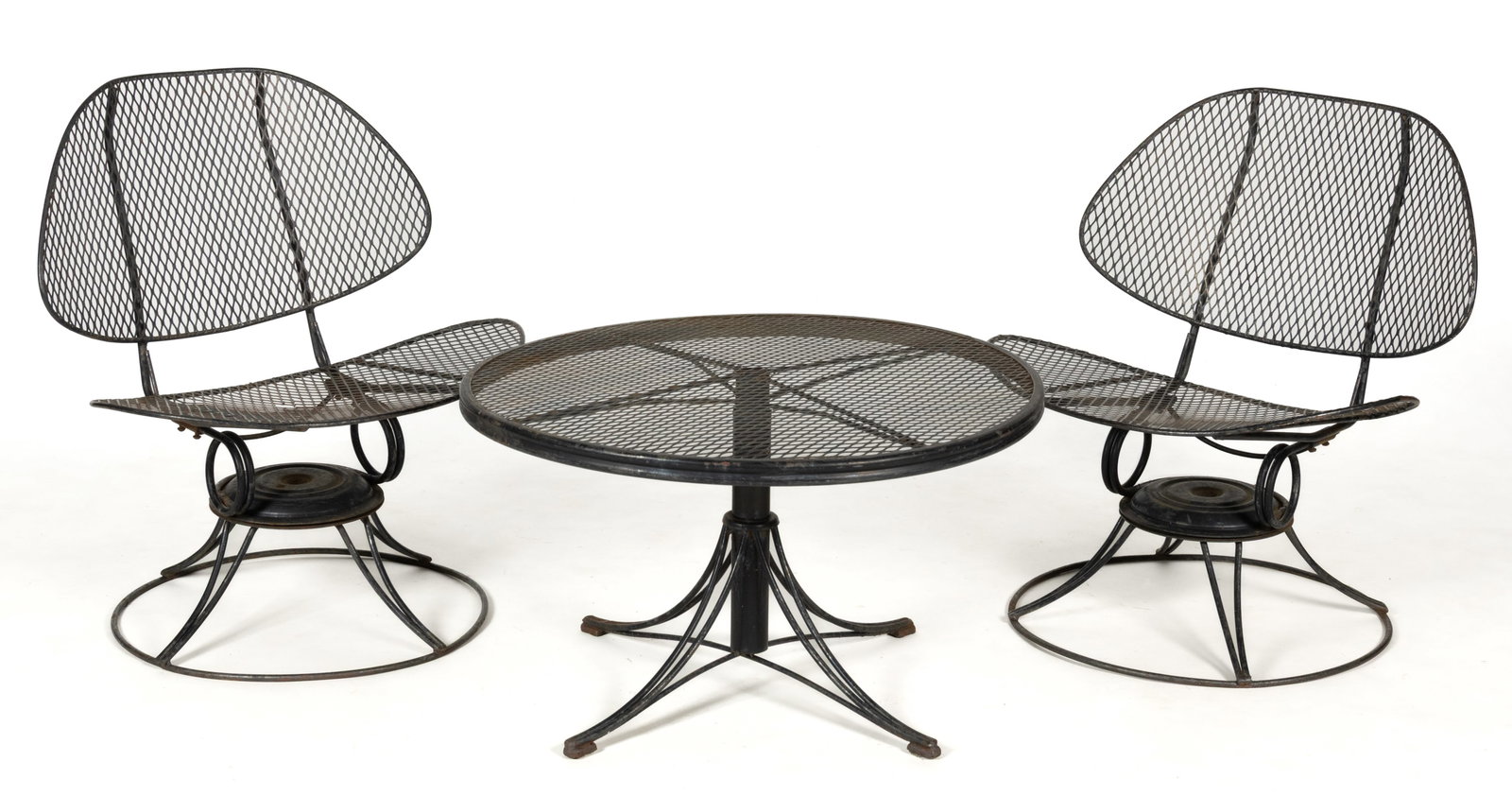 HOMECREST CLAM SHELL IRON MID-CENTURY MODERN SWIVEL CHAIRS WITH TABLE, LOT OF THREE (1 of 3)
