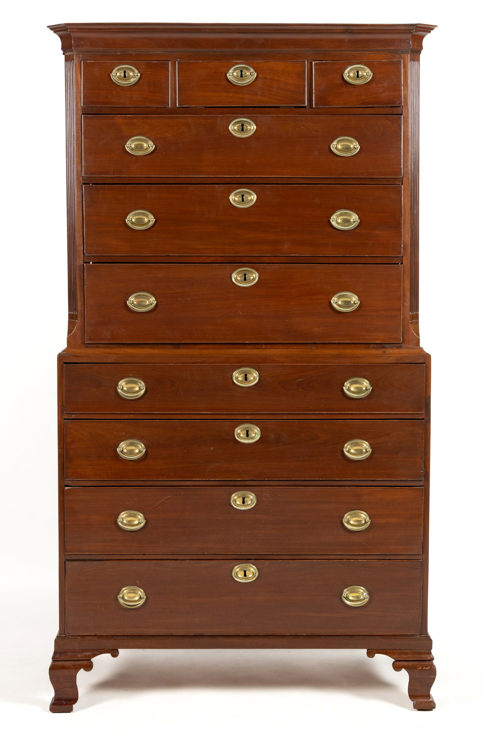 ENGLISH GEORGIAN MAHOGANY CHEST ON CHEST: ENGLISH GEORGIAN MAHOGANY CHEST ON CHEST, two-piece construction, upper case featuring applied cove-molded cornice and three short drawers over three full drawers, lower case with four graduated