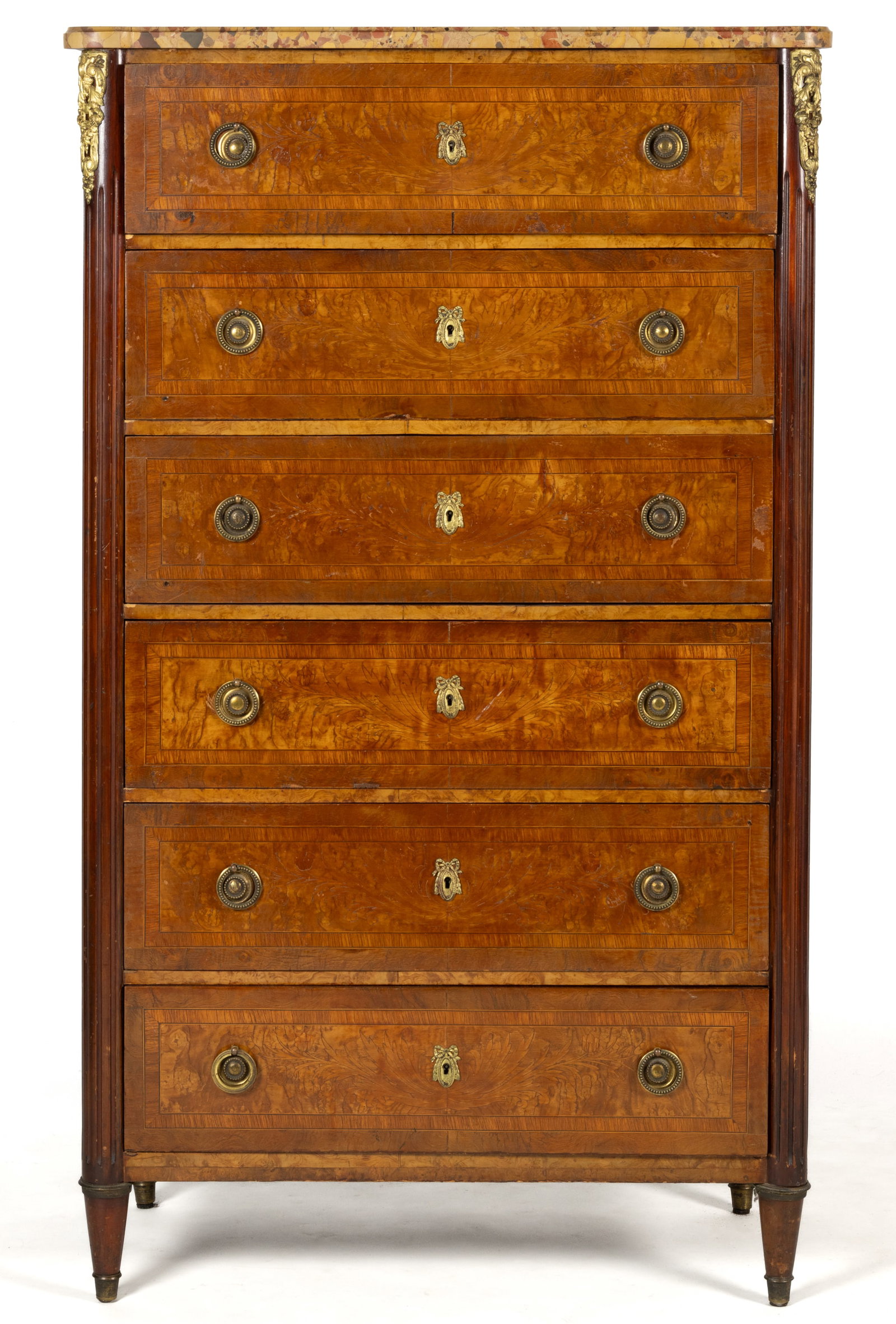 FRENCH LOUIS XV-STYLE MARQUETRY-VENEERED MARBLE-TOP SEMAINIER / LINGERIE CHEST (1 of 10)