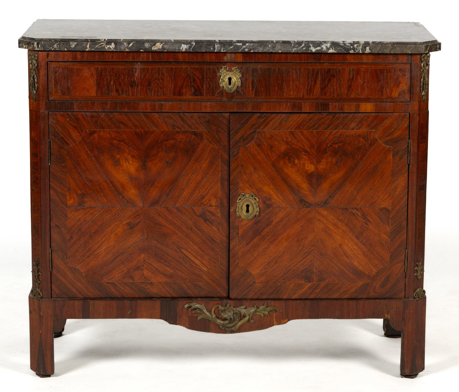 FRENCH LOUIS XV-STYLE PARQUETRY-VENEERED MARBLE-TOP COMMODE (1 of 8)