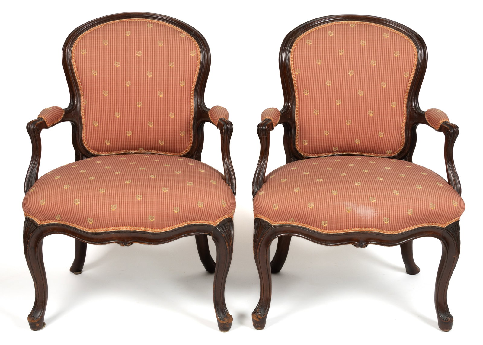 PAIR OF FRENCH LOUIS XV-STYLE MAHOGANY FAUTEILS / OPEN ARMCHAIRS: PAIR OF FRENCH LOUIS XV-STYLE MAHOGANY FAUTEILS / OPEN ARMCHAIRS, each upholstered form with molded arms and legs, retaining an early surface. First half 19th century. 37" HOA, 19" x 25