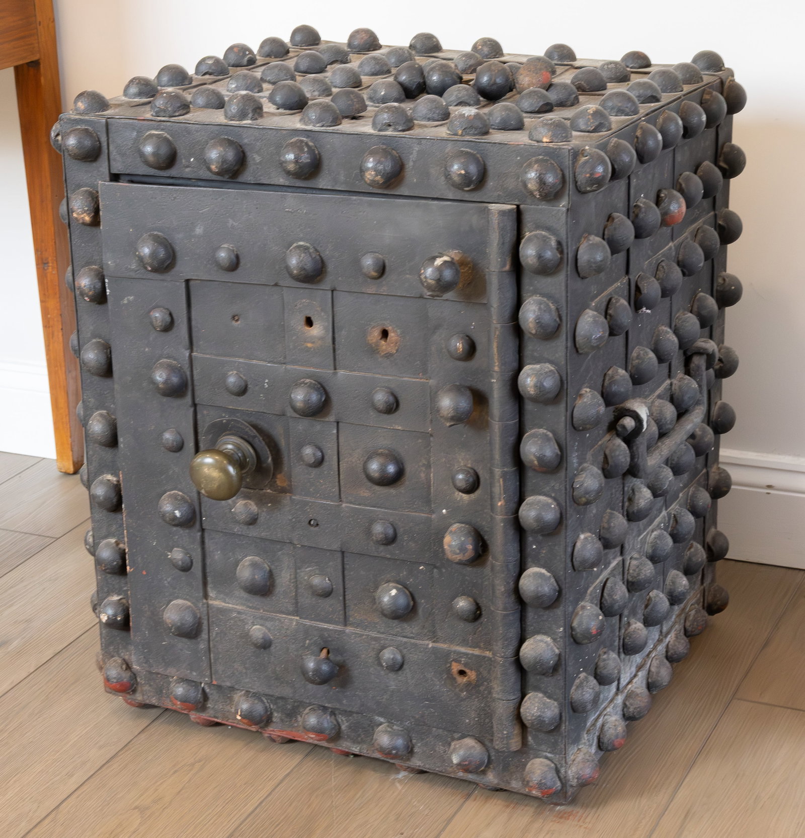 JESSE DELANO (PATENTEE) & SONS, NEW YORK, CAST- AND WROUGHT-IRON HOBNAIL FIREPROOF SAFE: JESSE DELANO (PATENTEE) & SONS, NEW YORK, CAST- AND WROUGHT-IRON HOBNAIL FIREPROOF SAFE, of rectangular form, referred to as an "iron chest" or "money chest" in the period,&nbs